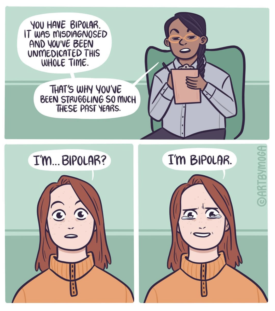 Cartoon of a doctor's appointment who announces her patient she's bipolar and that's why she's been unmedicated this whole time and that's why she's been struggling so much these past years. The patient is overwhelmed with relief.