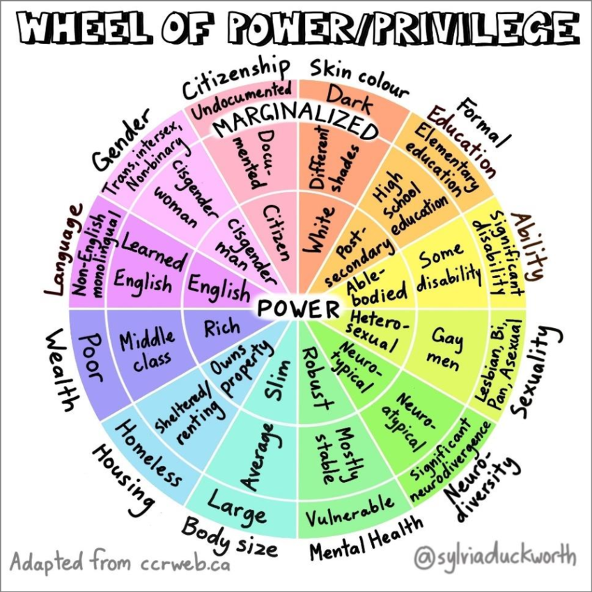 The wheel of power / privilege considers 13 criteria: gender, citizenship, skin colour, formal education, ability, sexuality, neurodiversity, mental health, ody size, housing, wealth and language.