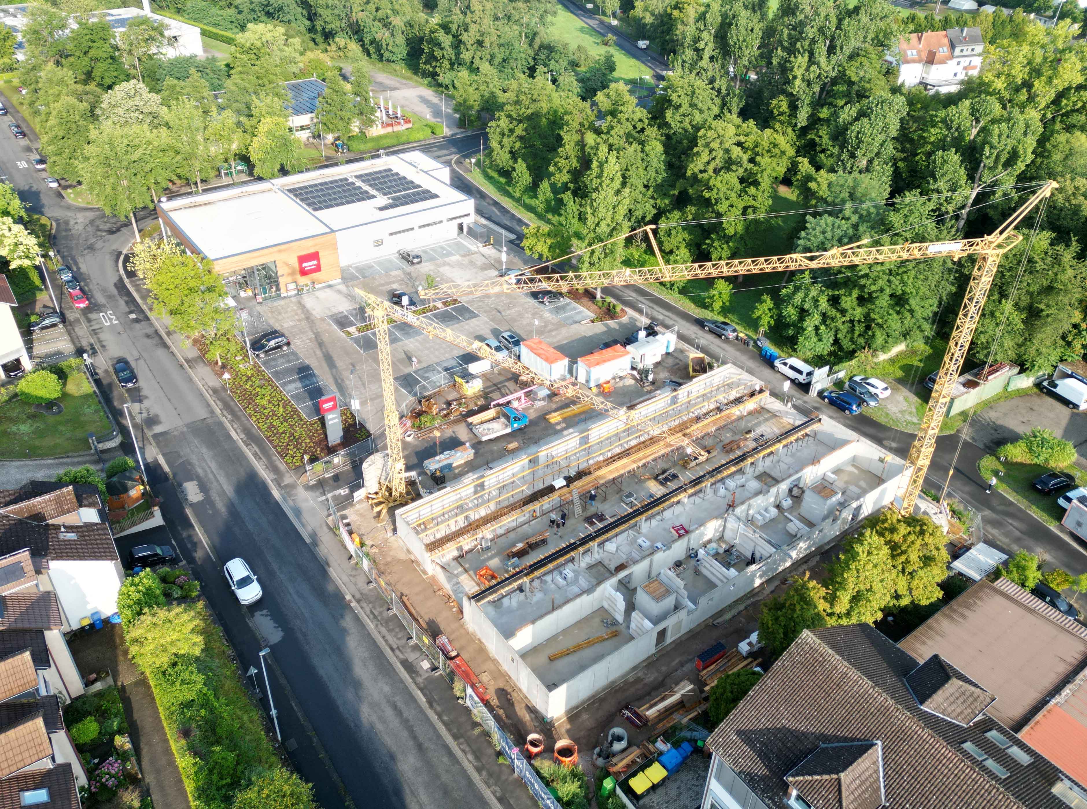 Drohnenaufnahme der Baustelle "Am Mainbogen" der May Firmengruppe in Erlenbach