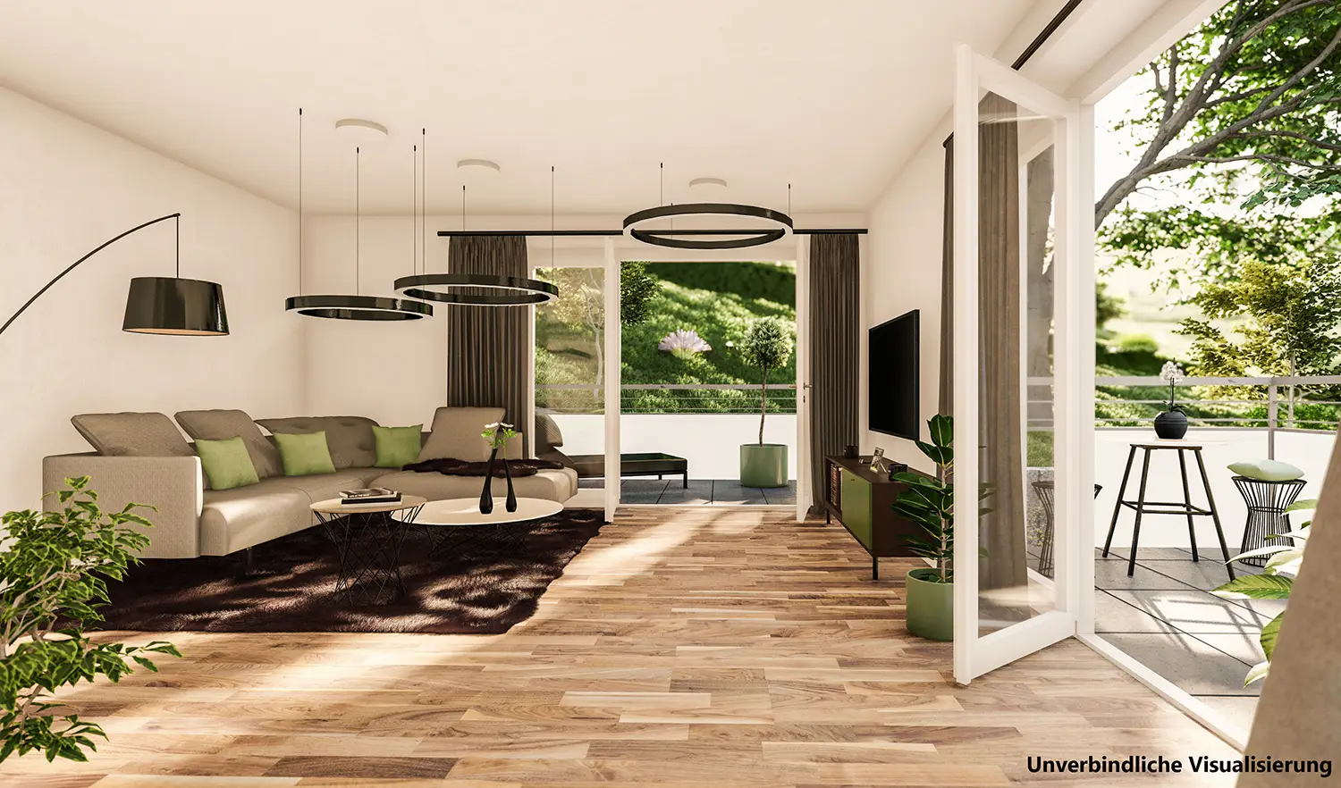 Lichtdurchflutetes Wohn- und Esszimmer im Bauprojekt „Wohnen im Gunkelsrain“ in Alzenau mit Glas-Esstisch, Designleuchte und Zugang zur Terrasse – unverbindliche Visualisierung der May Firmengruppe.