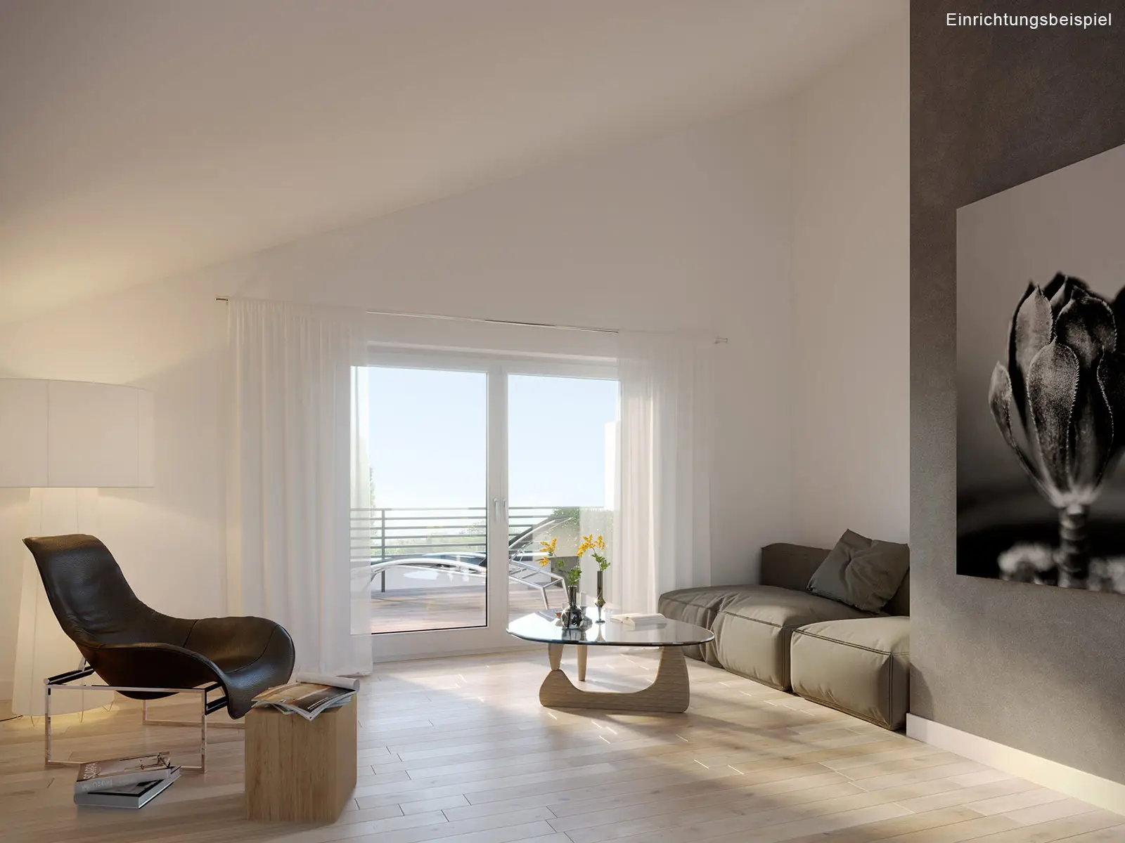 Helles Studio im Bauprojekt „Wohnen im Gunkelsrain“ in Alzenau mit elegantem Ledersessel, moderner Couch und großem Fenster mit Blick auf die Terrasse – Beispiel für die stilvolle Innenarchitektur der May Firmengruppe.