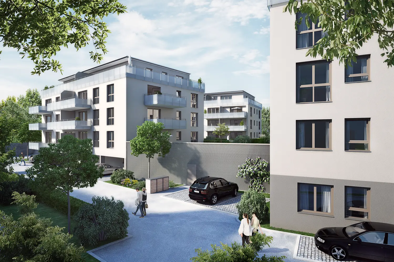 Moderne Mehrfamilienhäuser des Bauprojekts „Leben am Glattbach“ in Aschaffenburg-Damm mit großzügigen Balkonen, Tiefgaragen und grüner Umgebung – Visualisierung der May Firmengruppe.