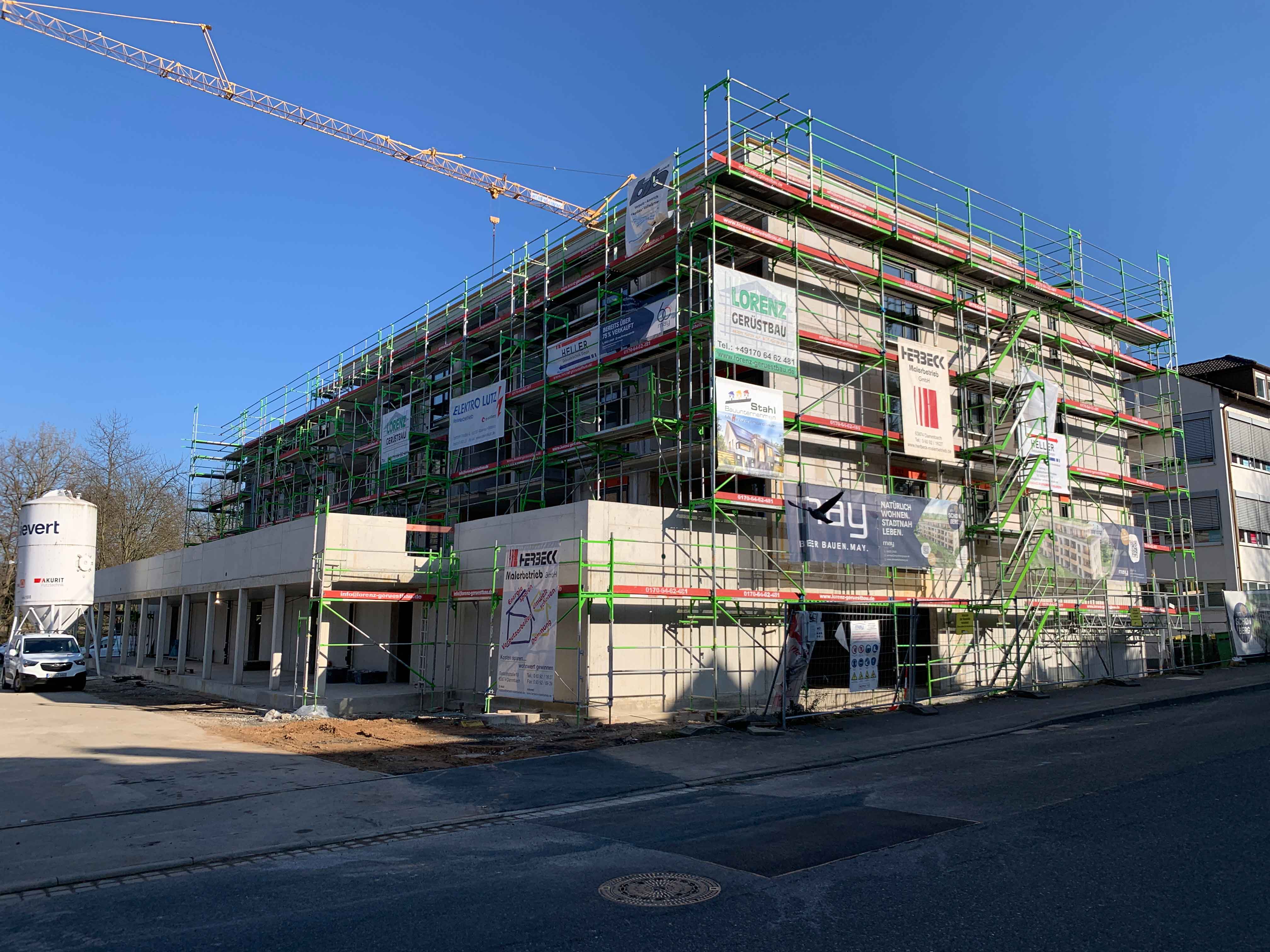 Drohnenaufnahme der Baustelle "Am Mainbogen" der May Firmengruppe in Erlenbach