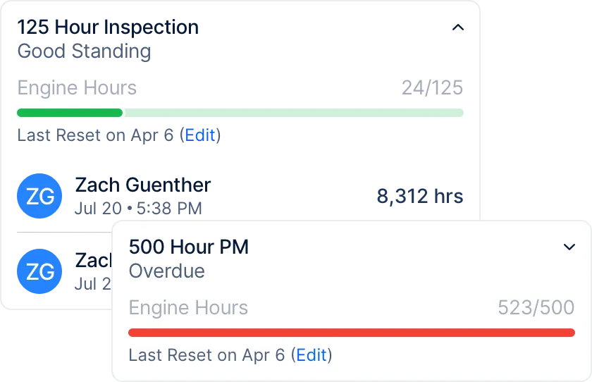 Engine hour inspection and 500-hour PM status showing overdue hours for maintenance.