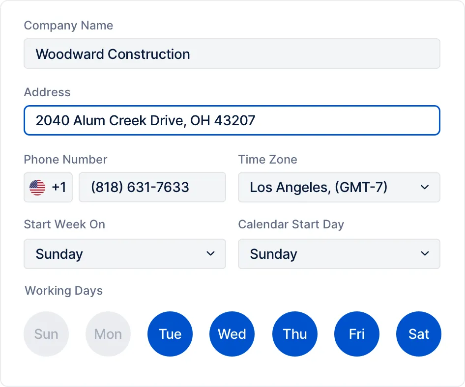 Company set up screen
