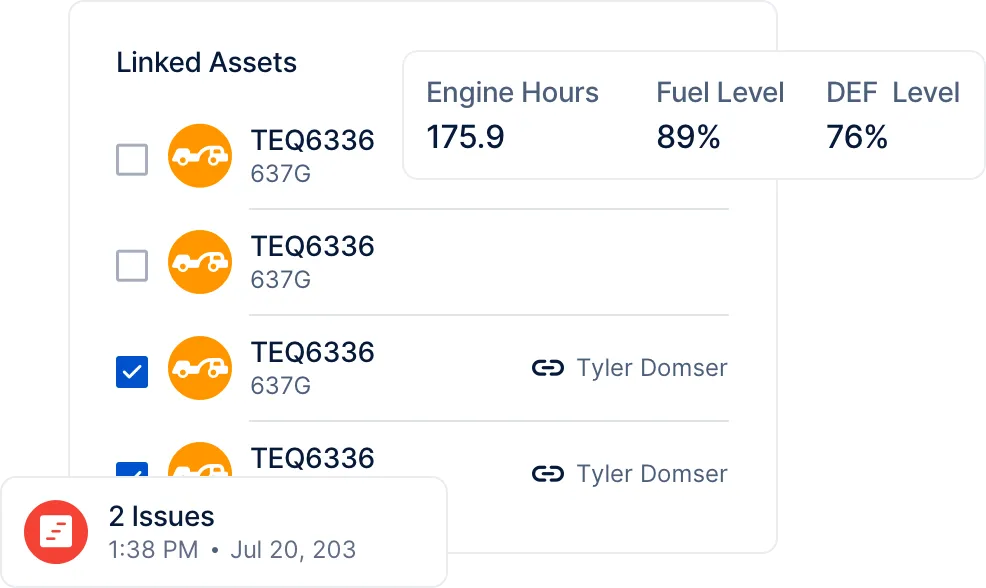 Image showing linked assets with engine hours, fuel level, and DEF level.