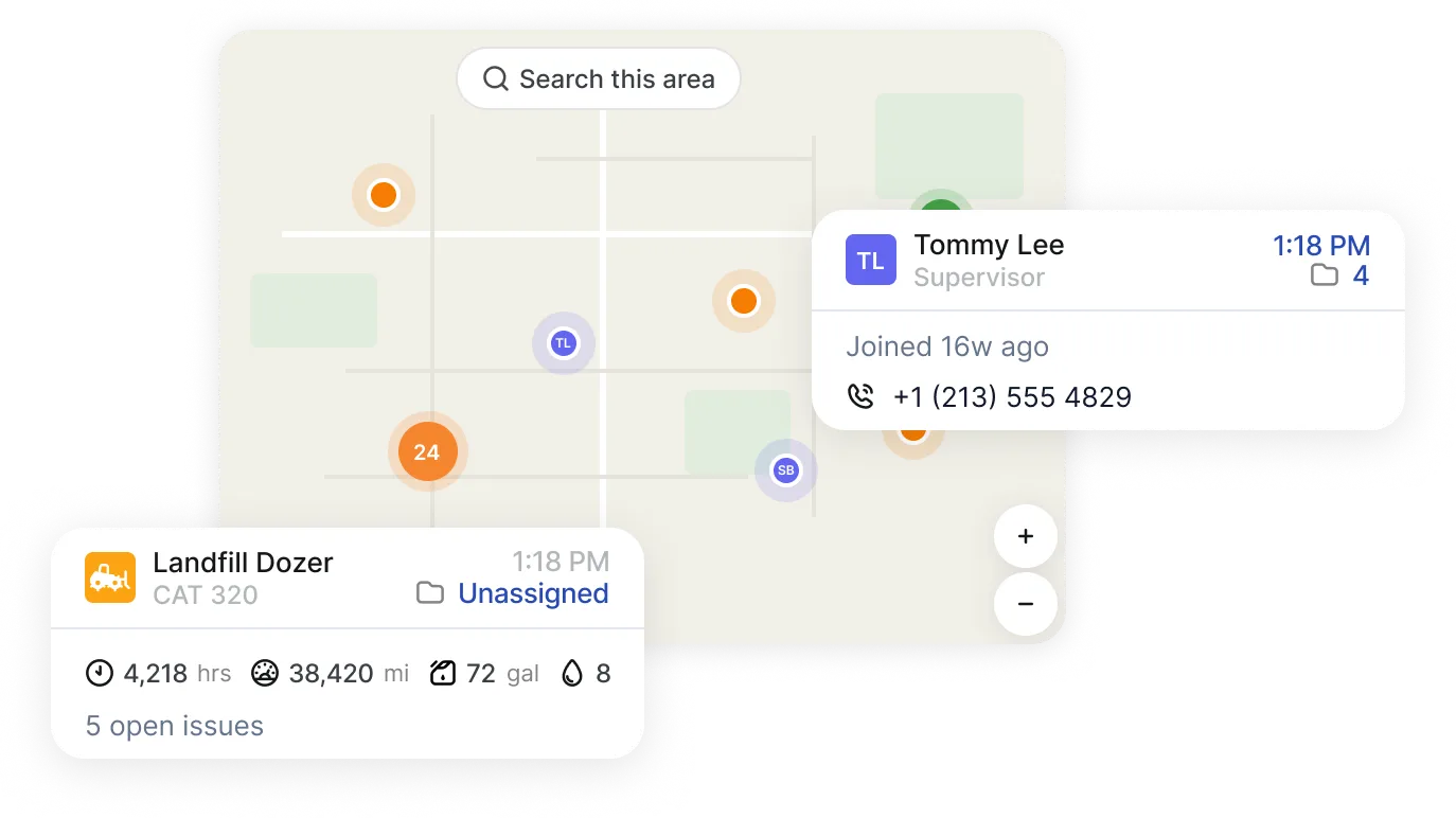 Map interface with icons, showing details for Landfill Dozer and Supervisor Tommy Lee with contact info.
