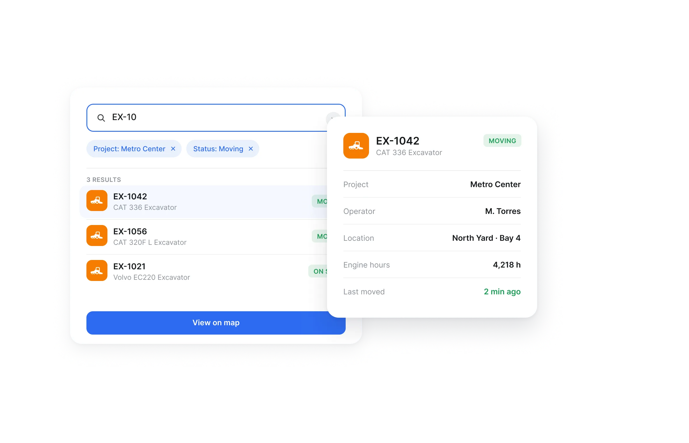 Asset search with project and status filters beside an equipment location detail card