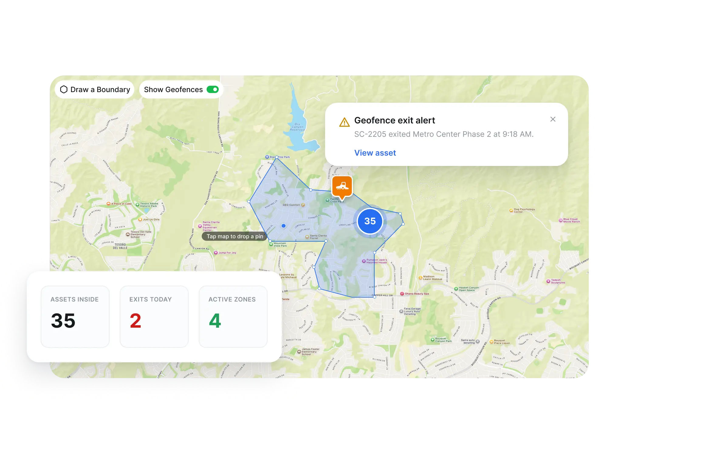 Jobsite geofence on the map with an equipment exit alert and active zone counts