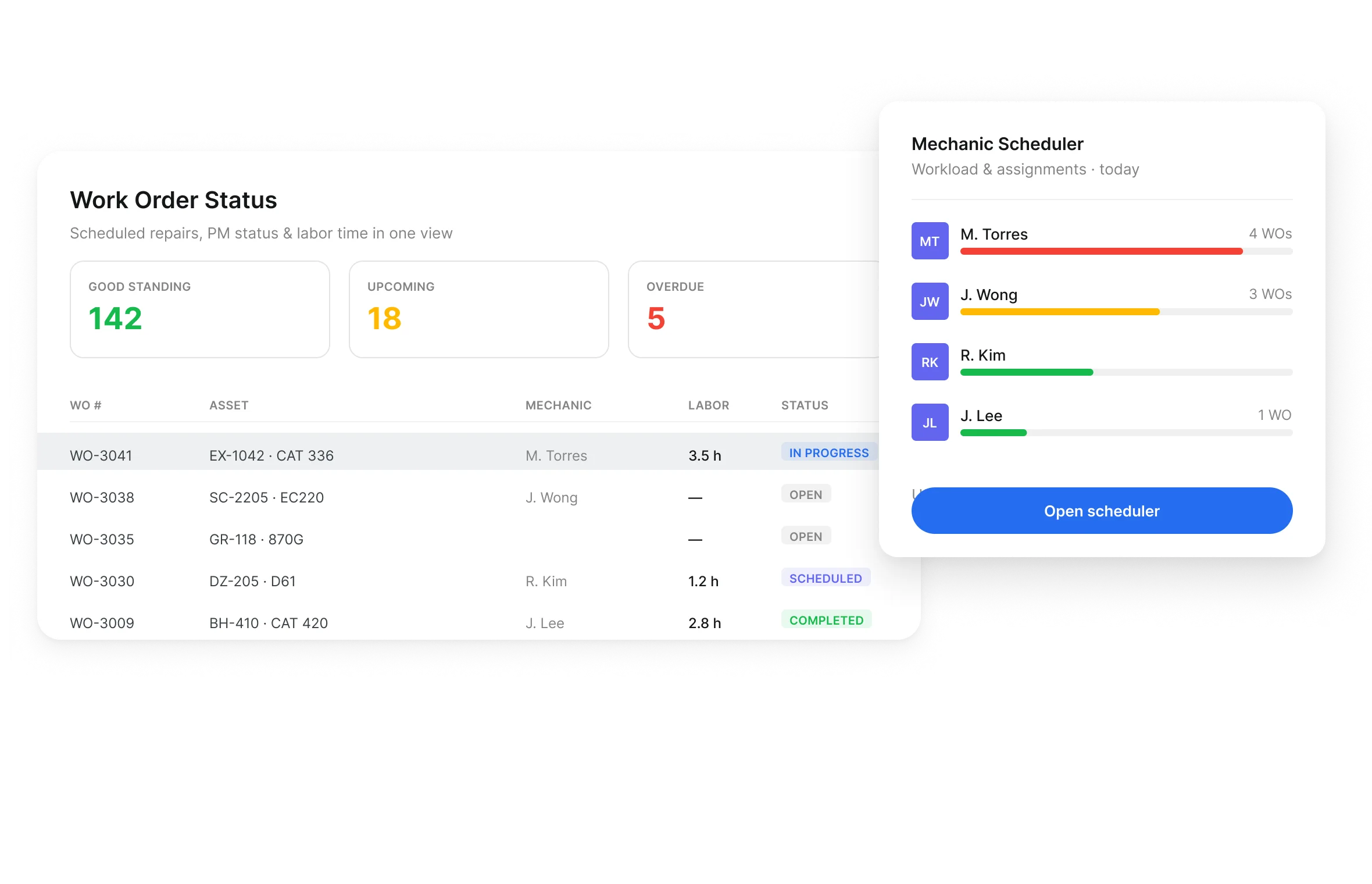 Clue work order status view with scheduled repairs, PM status and mechanic assignments