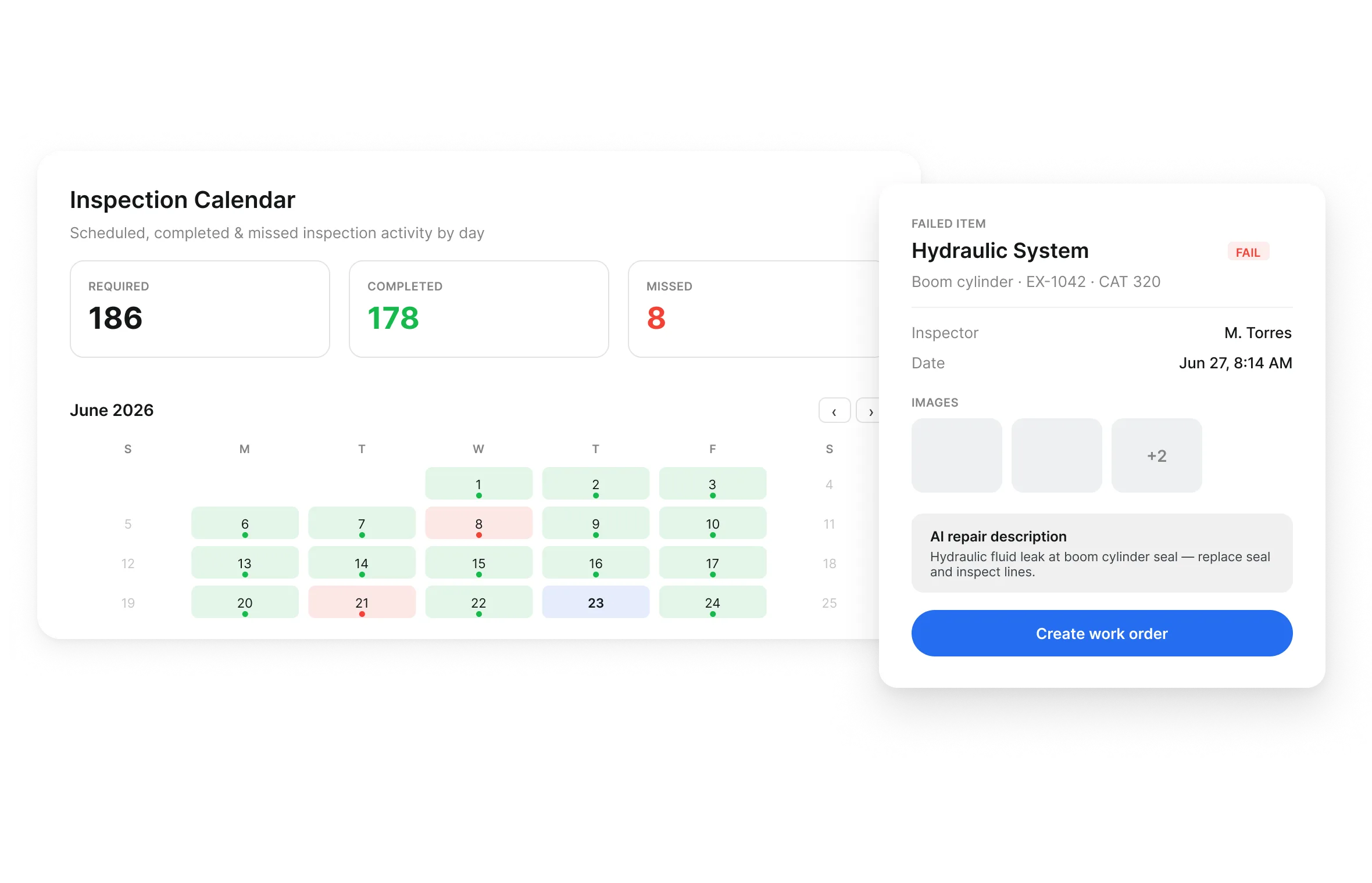 Clue Inspection Calendar with completed, missed and scheduled inspections and completion rate
