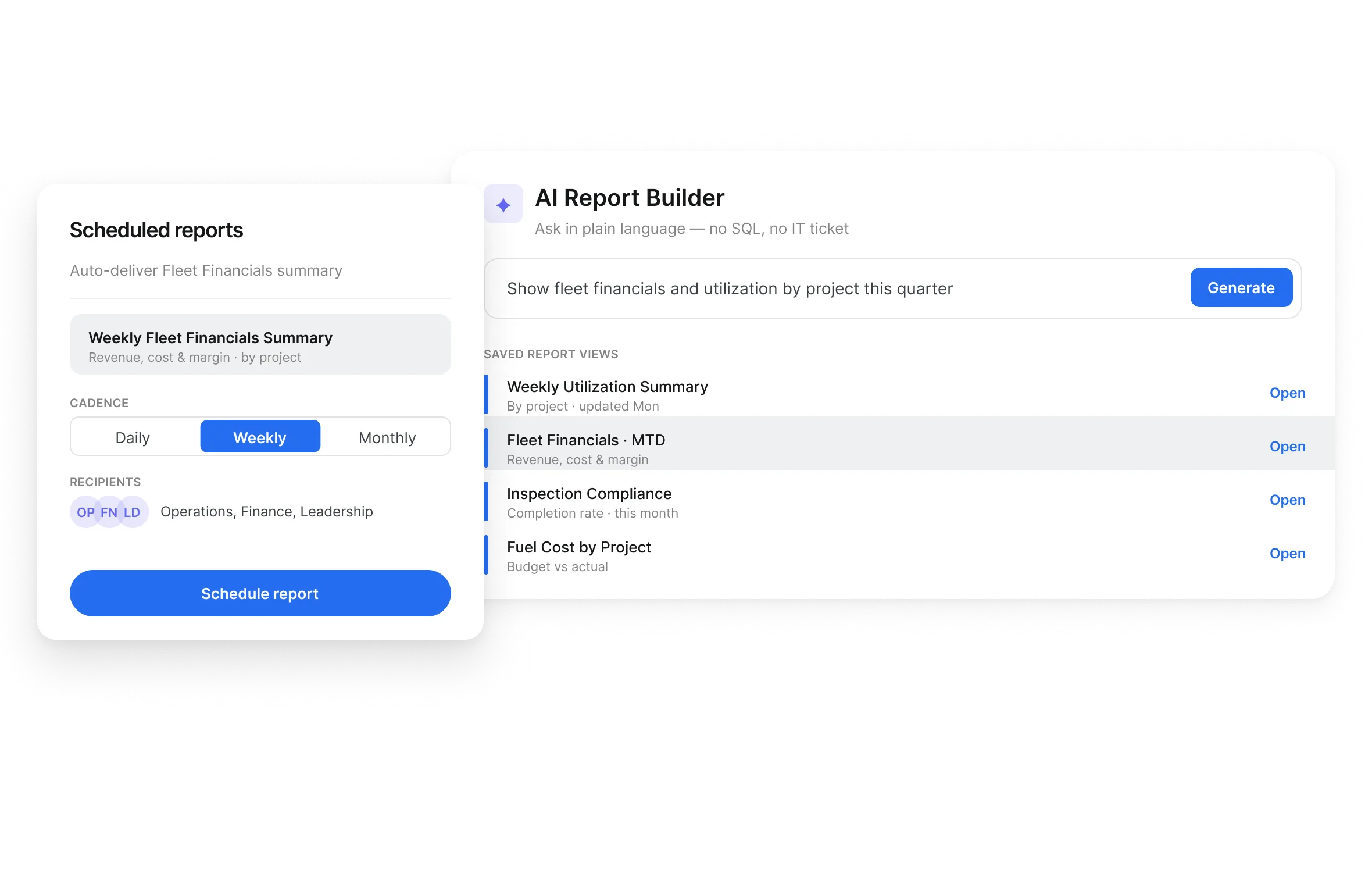 Clue AI Report Builder creating a custom fleet report from a plain language request