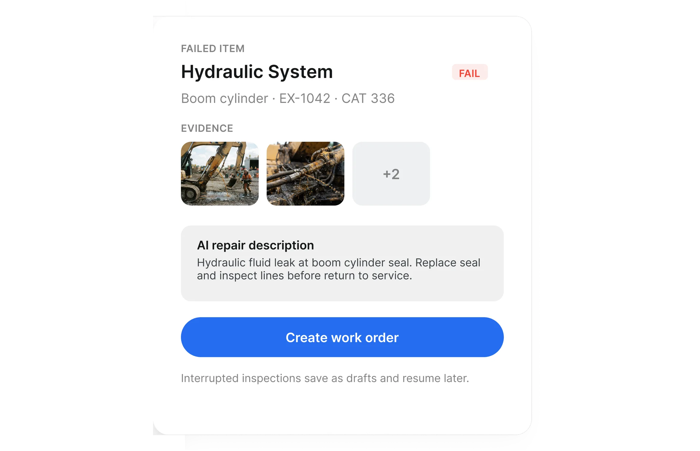 Equipment inspection software showing a failed hydraulic check, evidence photos, AI repair text and a work order action.