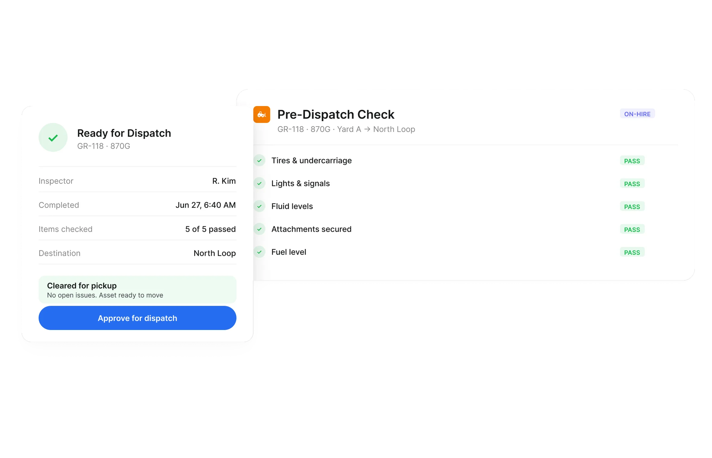Pre-dispatch inspection software showing five passed checks and equipment marked ready for dispatch.