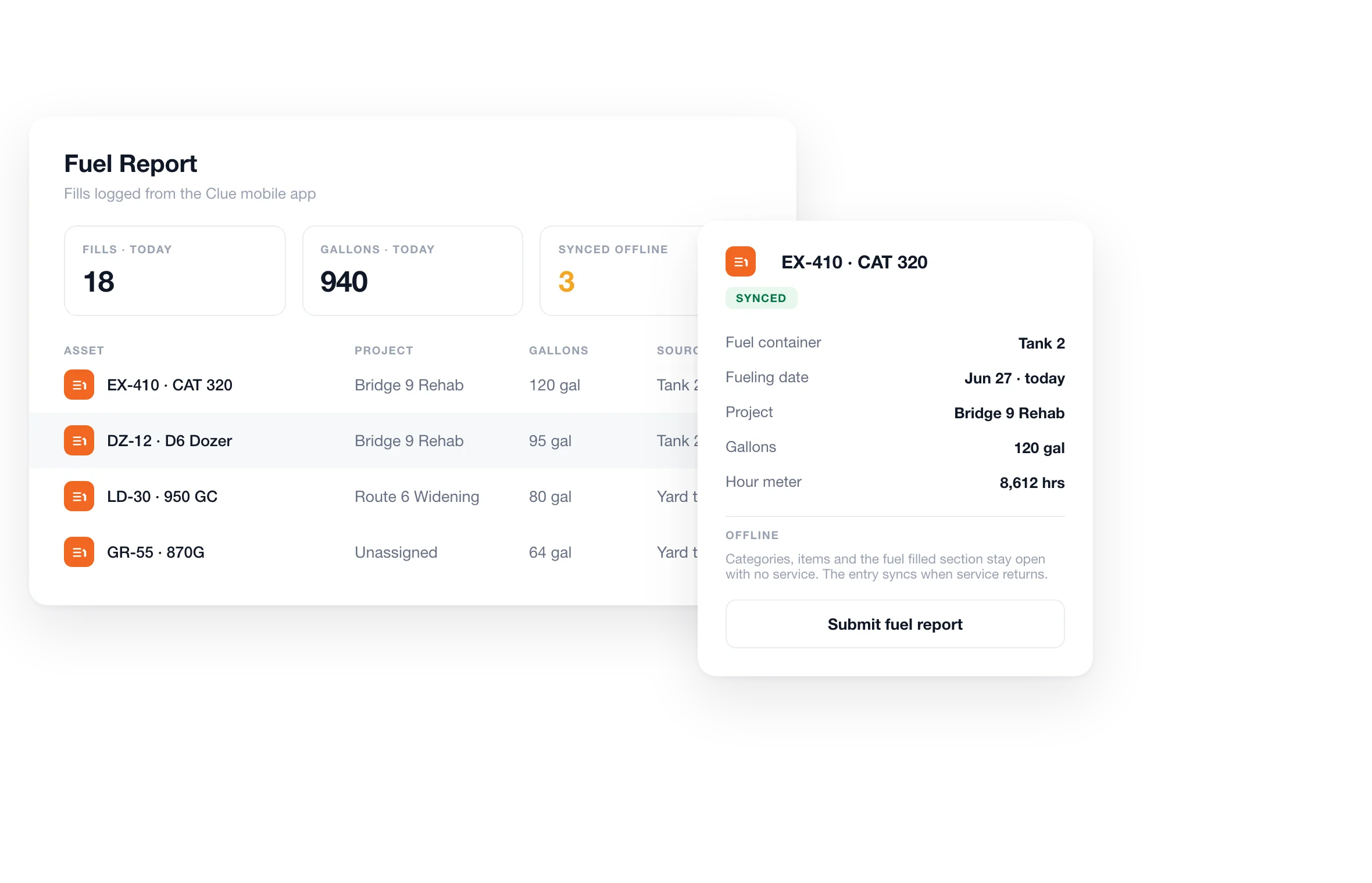 Mobile fuel report in Clue recording a fill with fuel container, date and project