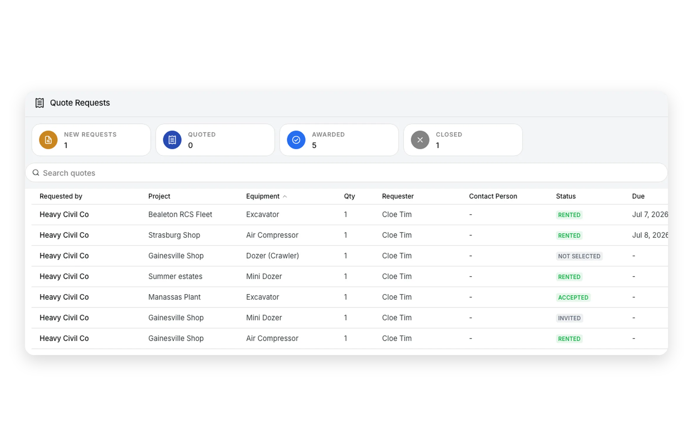 Vendor quote requests compared side by side in heavy equipment rental management software