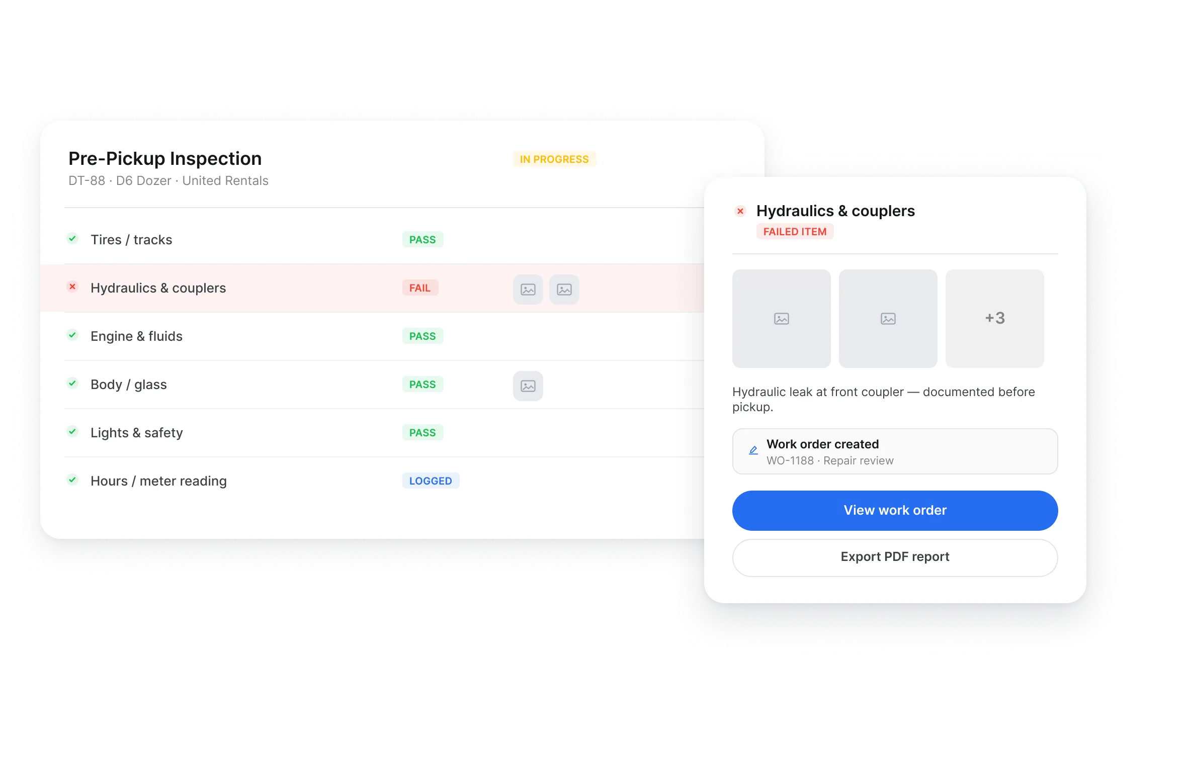 Pre-pickup rental inspection with pass and fail items, condition photos and a work order
