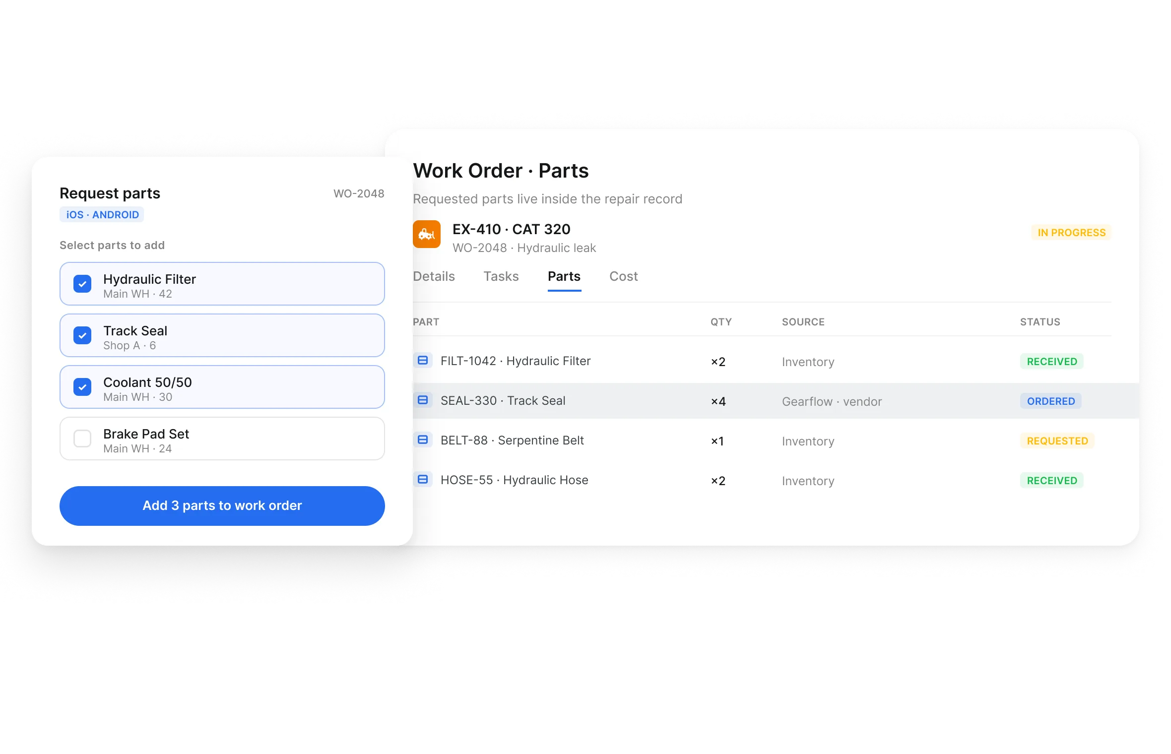 Work order Parts tab with requested parts, sourcing details and fulfillment status