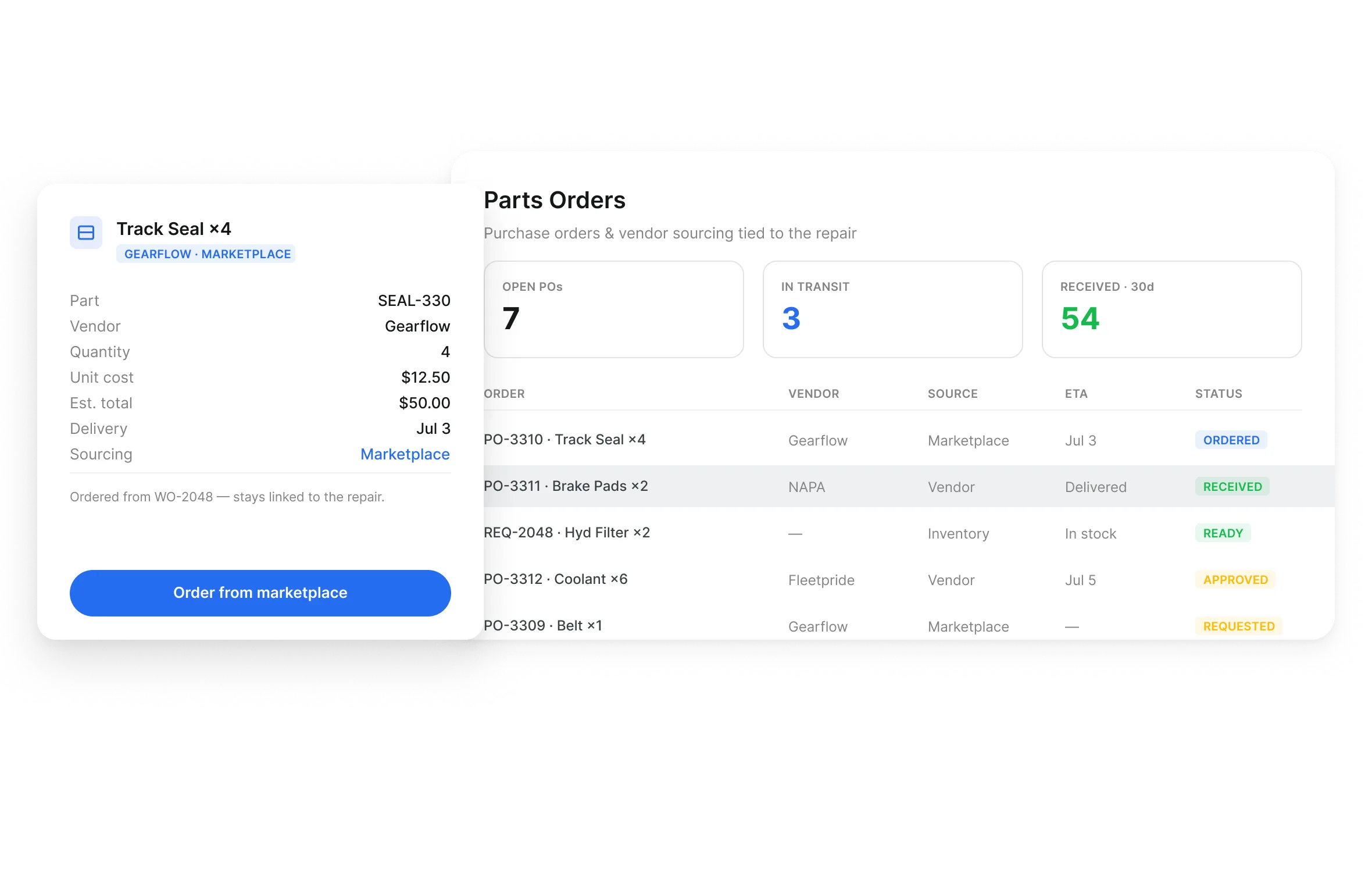 Parts purchase order with vendor sourcing, order status and logged delivery