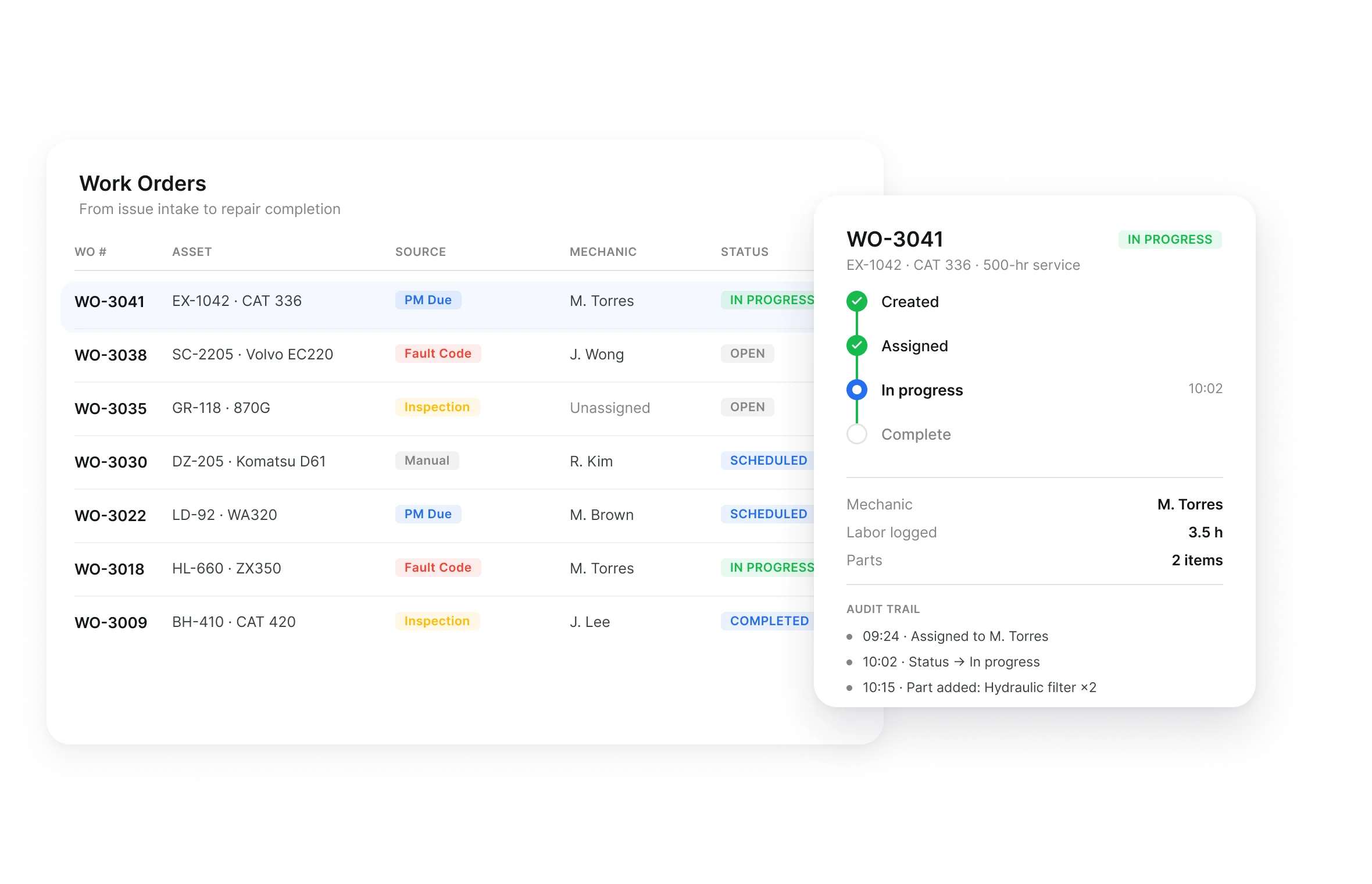 Work order in Clue with mechanic assignment, status, labor time and parts