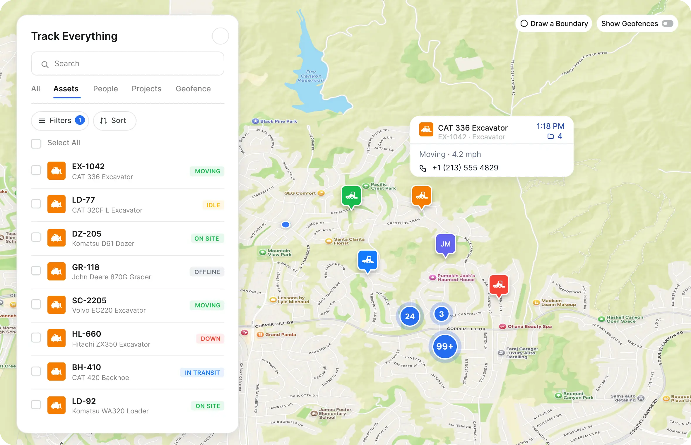 Clue fleet map tracking equipment location and movement across jobsites and yards