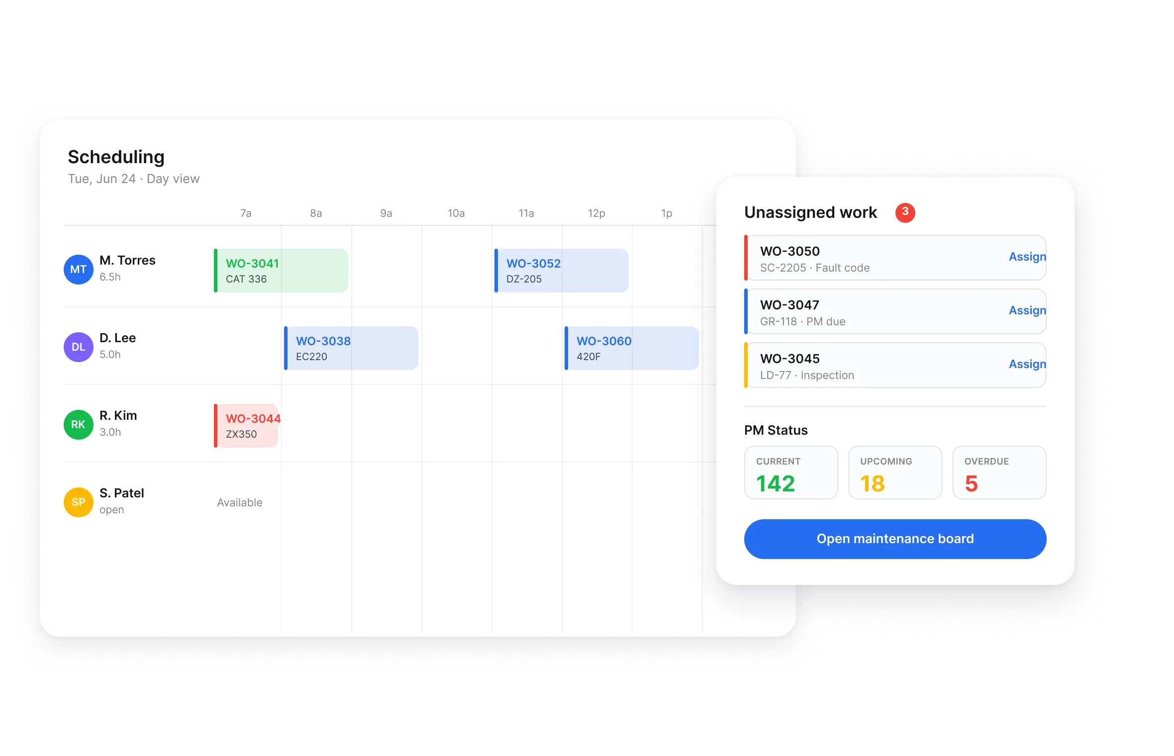 Clue fleet maintenance view with PM schedules, work orders and mechanic scheduling