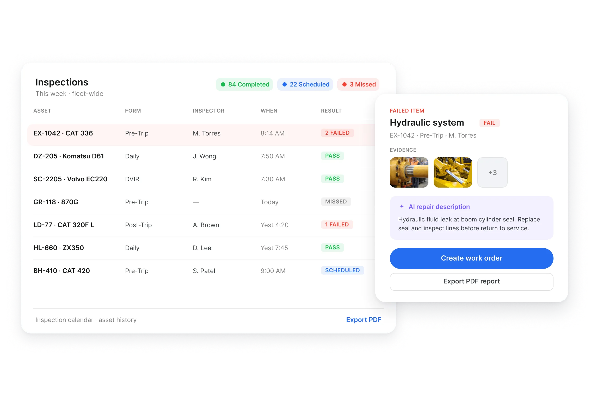 Clue fleet inspection record with pass and fail items, photo evidence and repair handoff