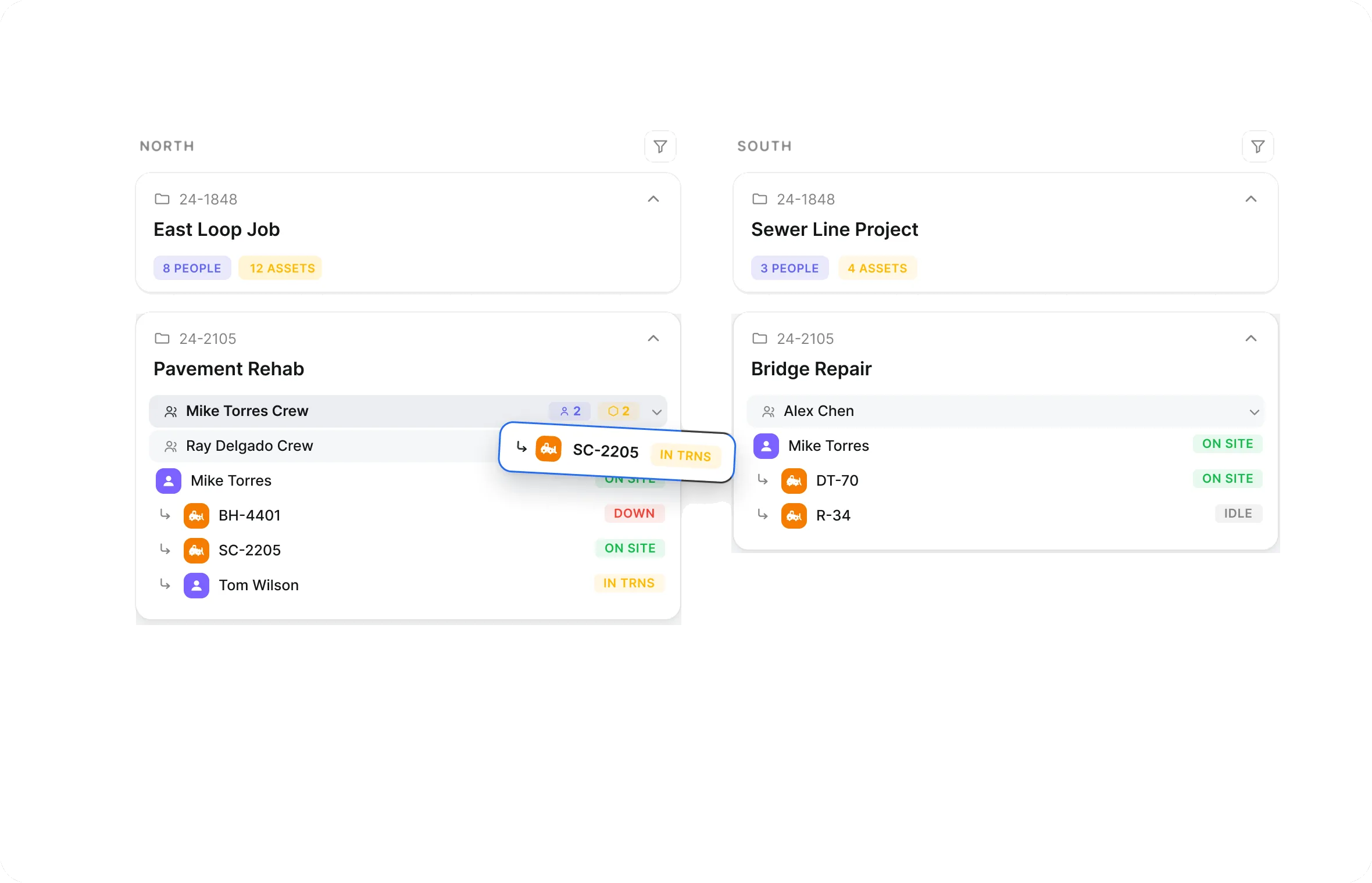 Clue equipment dispatch board planning fleet moves across projects and dates