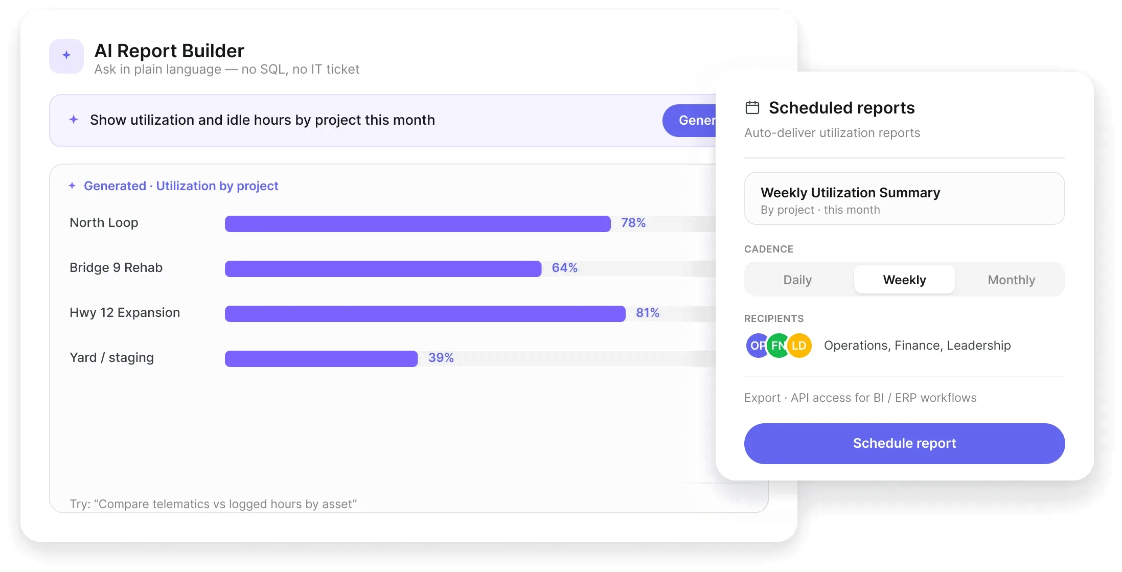 AI report builder with scheduled weekly report delivery