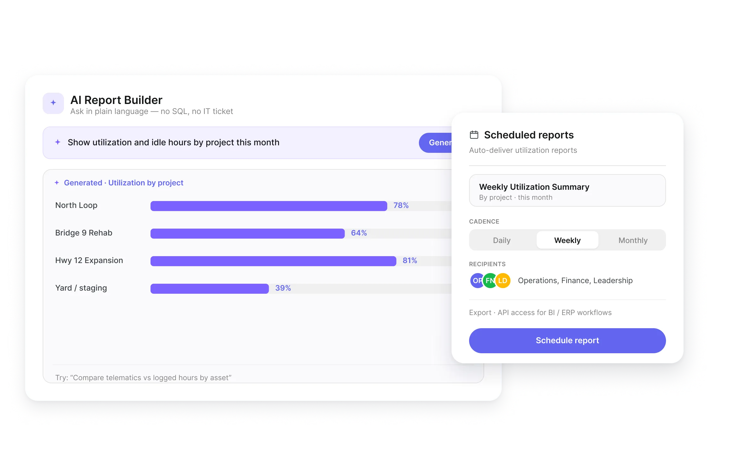 AI Report Builder generating a utilization by project report with weekly scheduled delivery