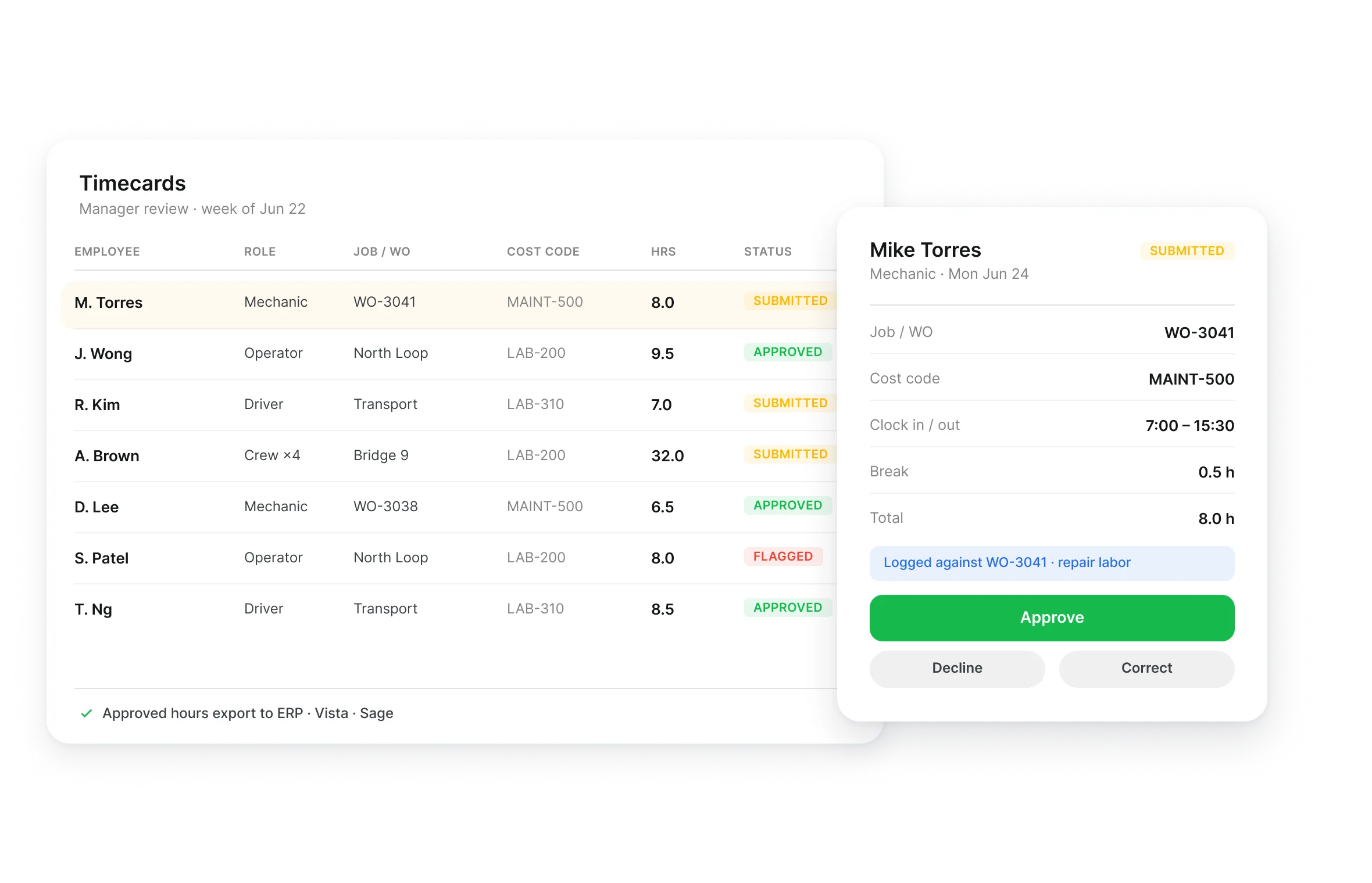 Clue fleet timecards linked to jobs, work orders and cost codes with manager review
