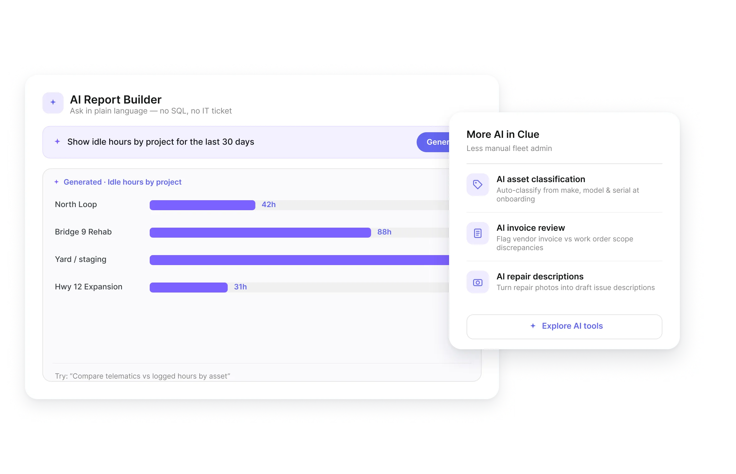 Clue AI fleet tools showing asset classification, AI Report Builder and invoice review