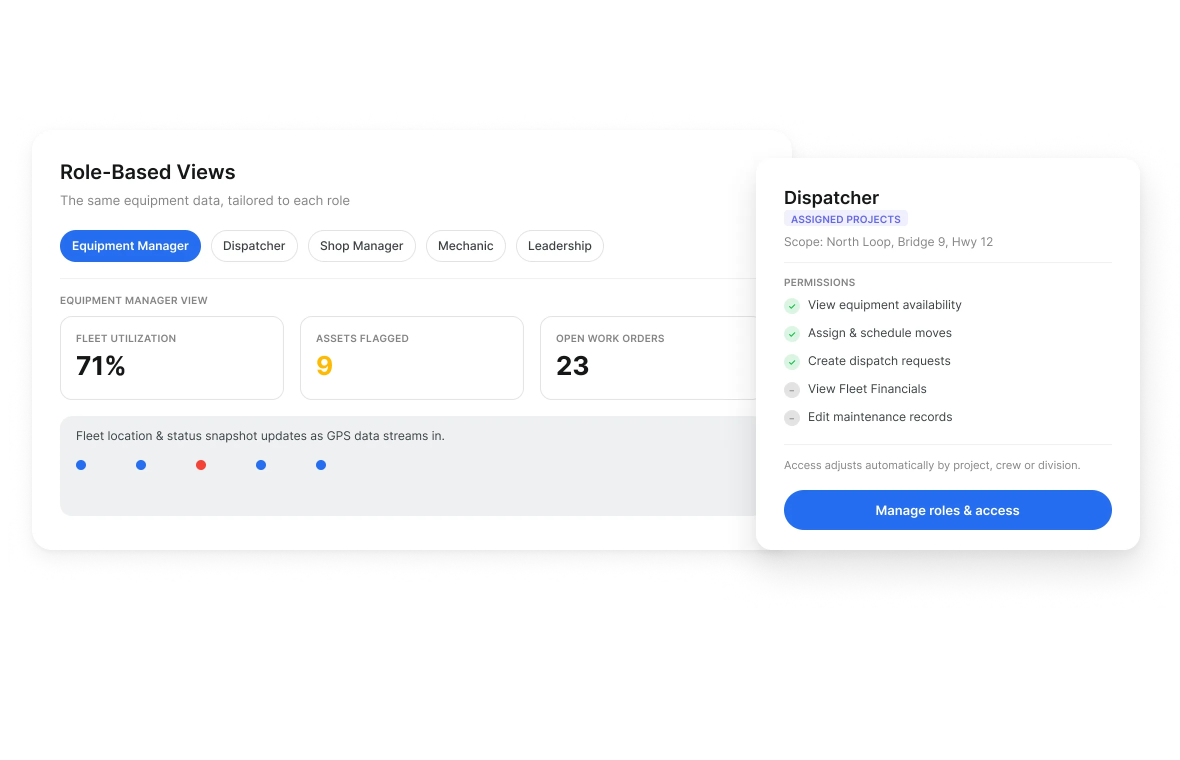 Role based views in Clue giving equipment managers, dispatchers, shop managers, mechanics and leadership their own equipment view