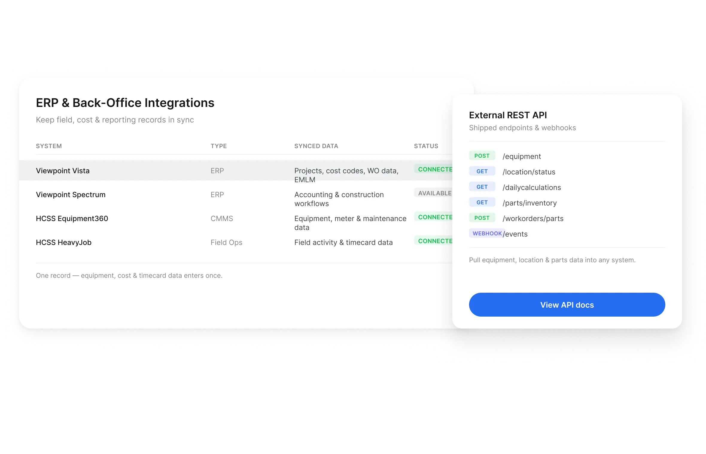 ERP and back office integrations connecting Viewpoint Vista, Spectrum, HCSS and the Clue external REST API