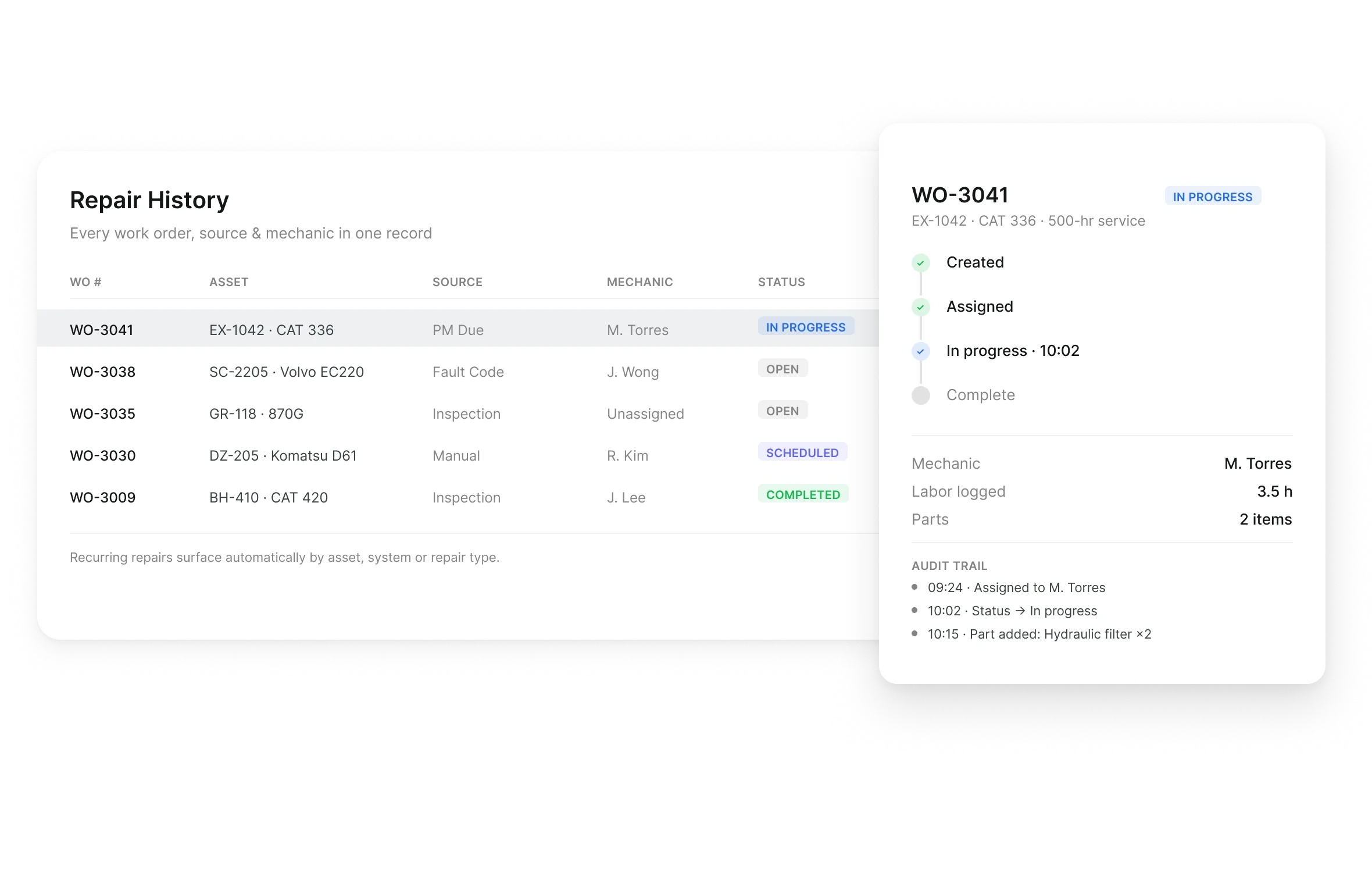 Repair history and work order audit trail in Clue with source, mechanic and status