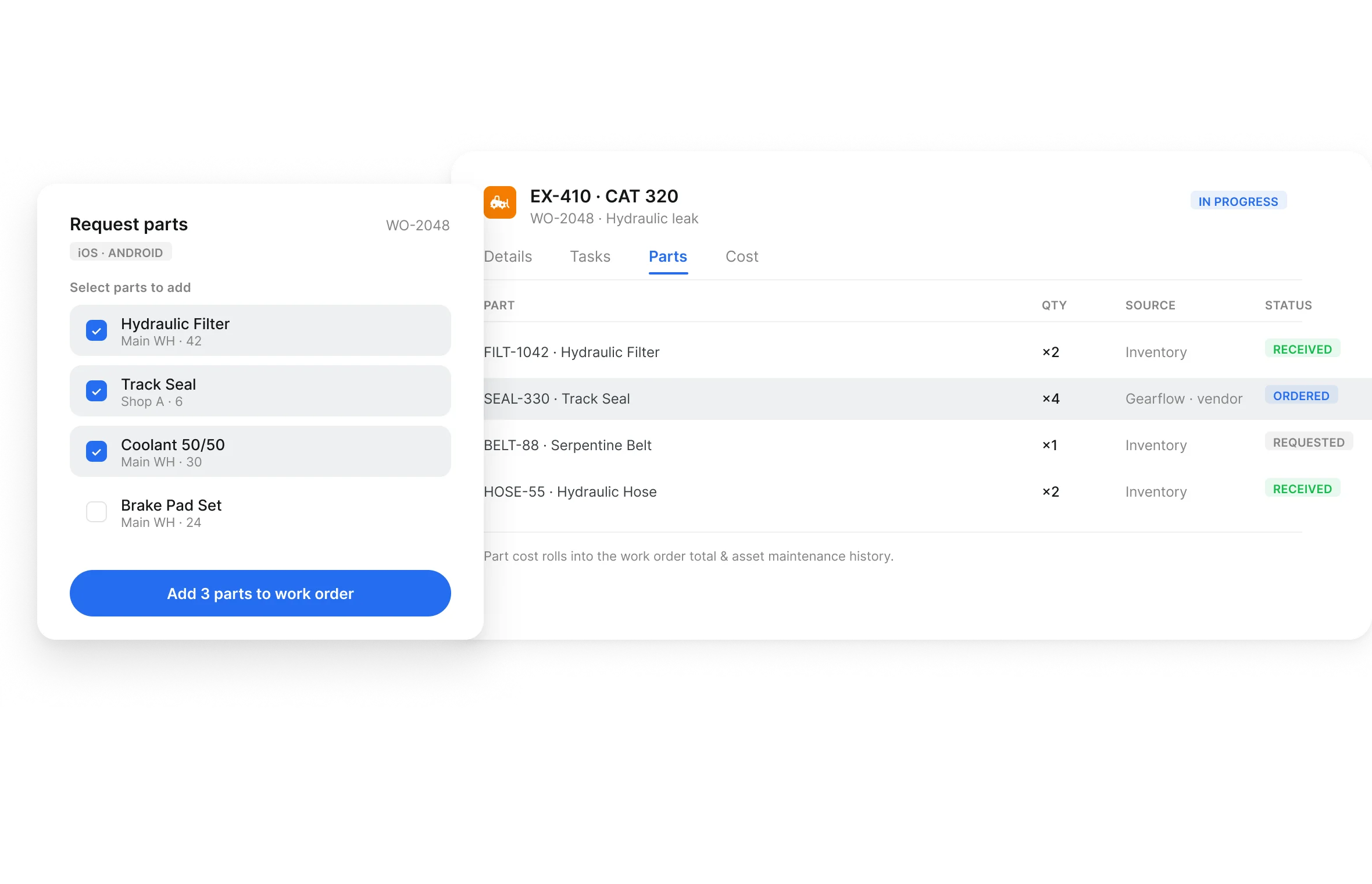 Parts request on a Clue work order showing inventory, vendor and order status