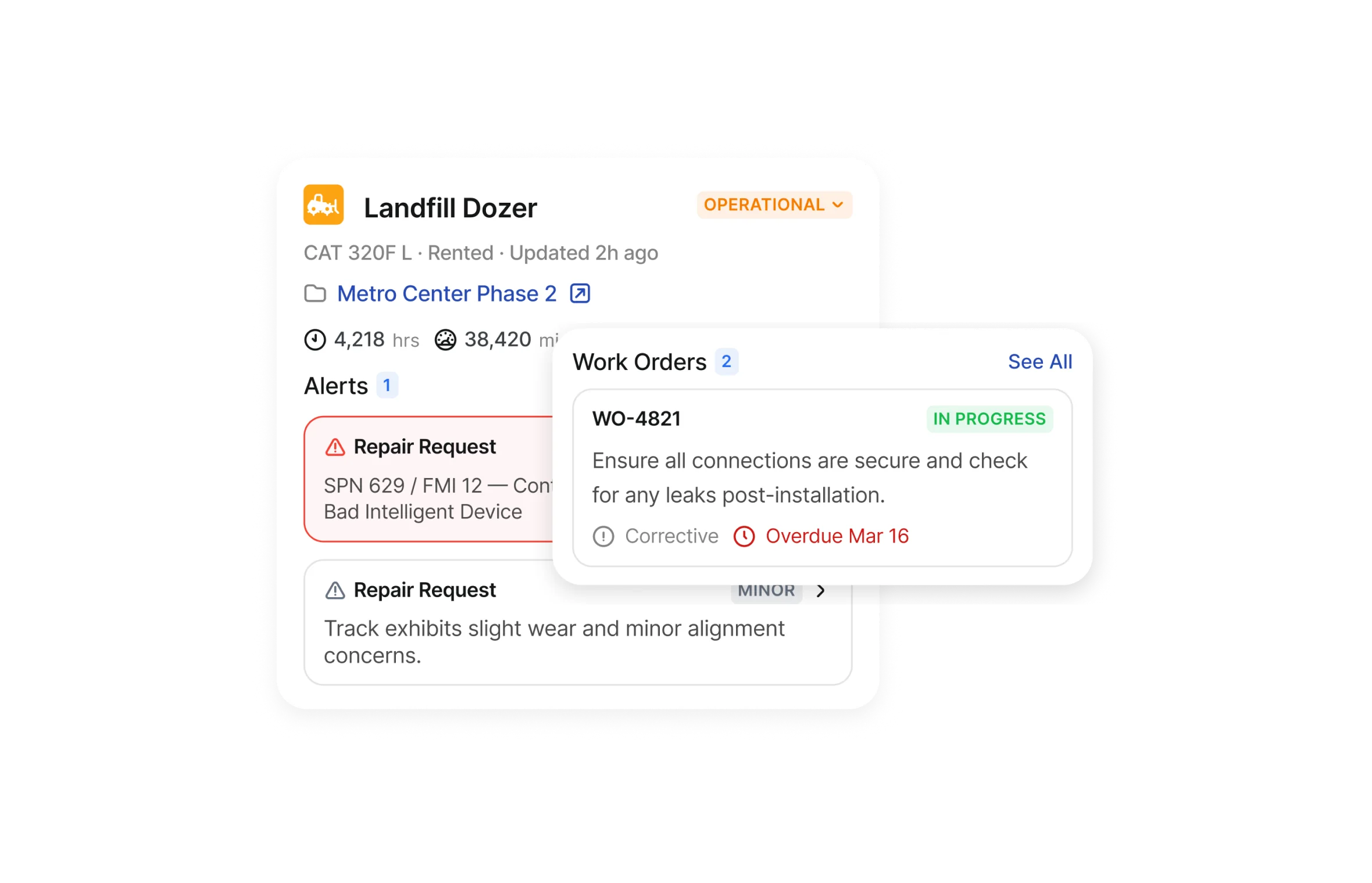 Construction equipment work order management in Clue, asset alerts opening into work orders
