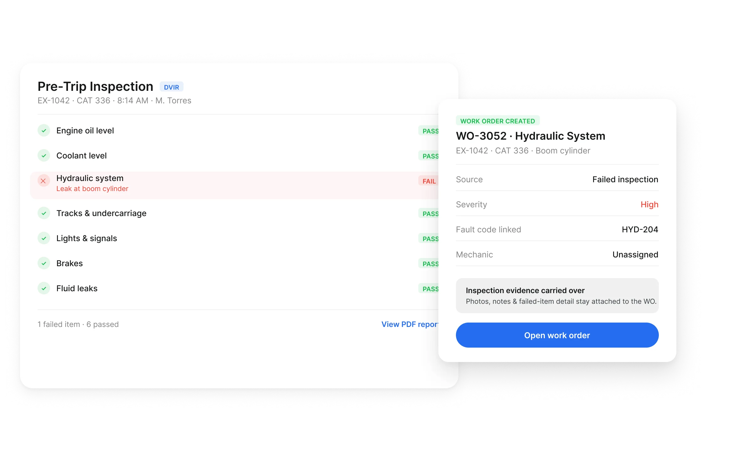 Inspection to work order handoff in Clue with the failed item, severity and evidence attached