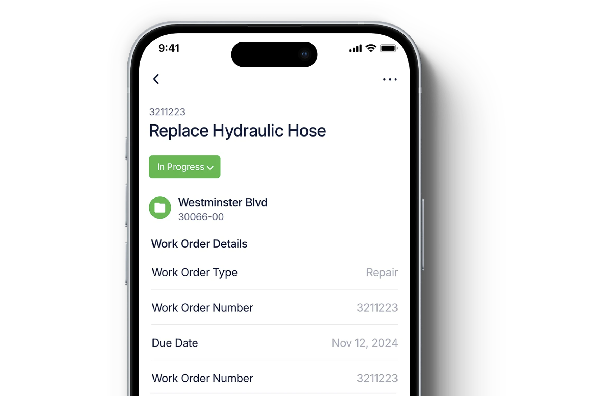 Construction work order mobile app screen with status, details and due date