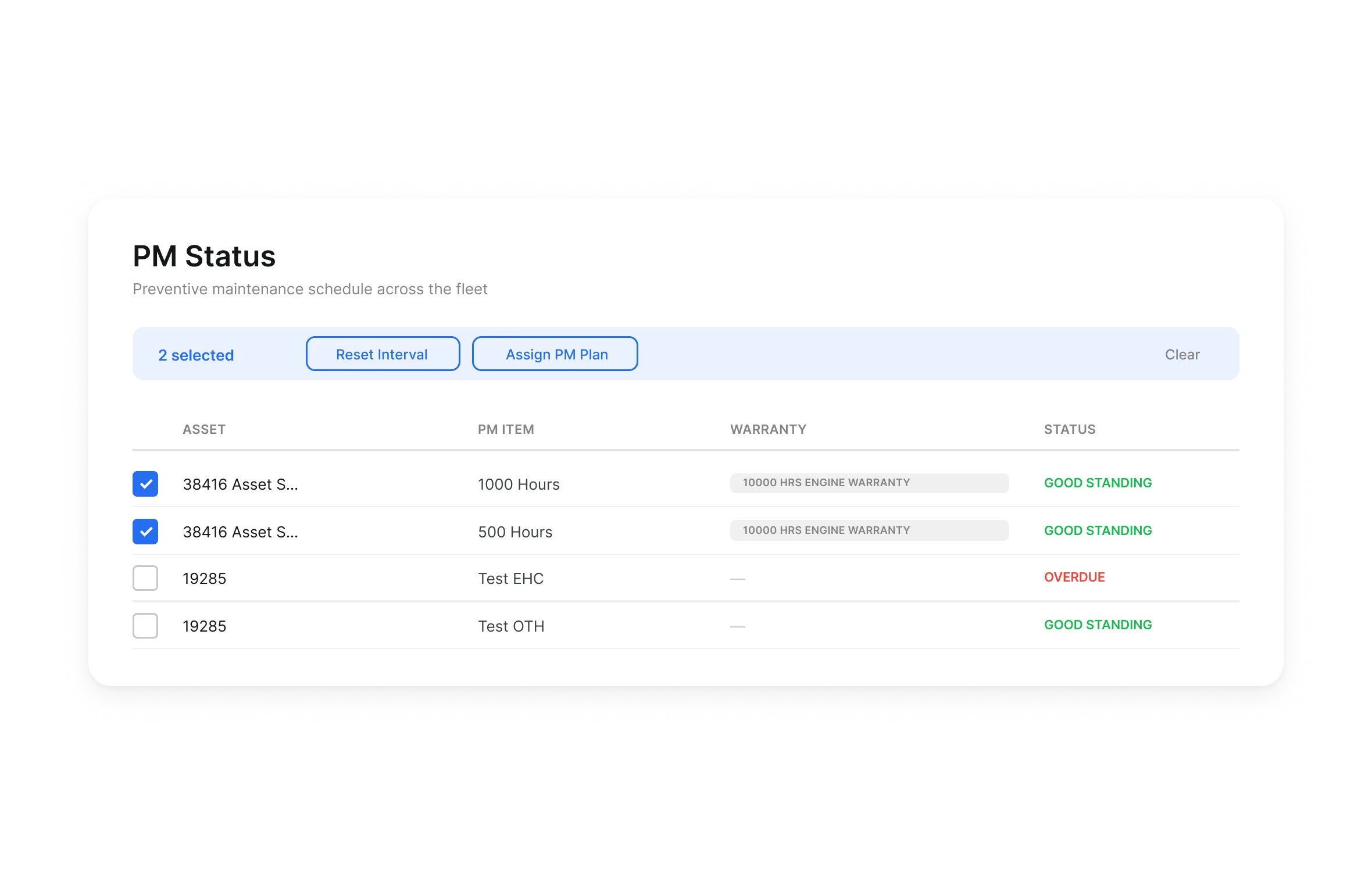 Fleet PM status with bulk reset interval, assign PM plan actions and a warranty column