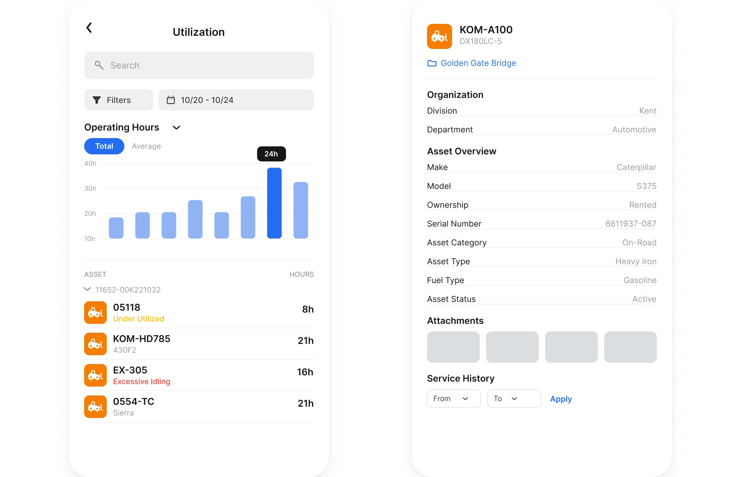 Clue mobile app showing equipment operating hours and an asset profile with make, model and service history