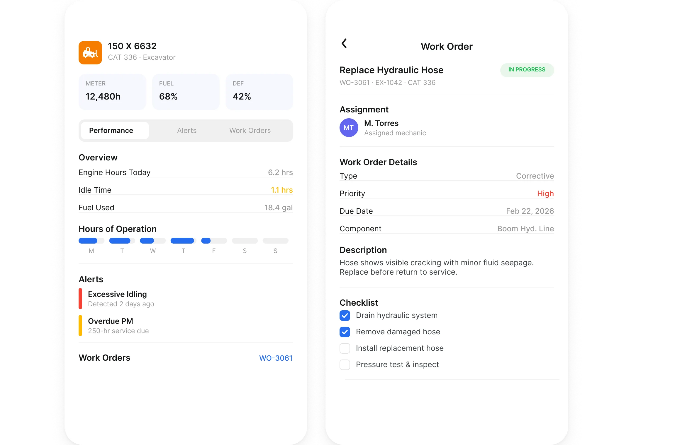 Clue mobile work order with assigned mechanic, priority, due date and repair checklist