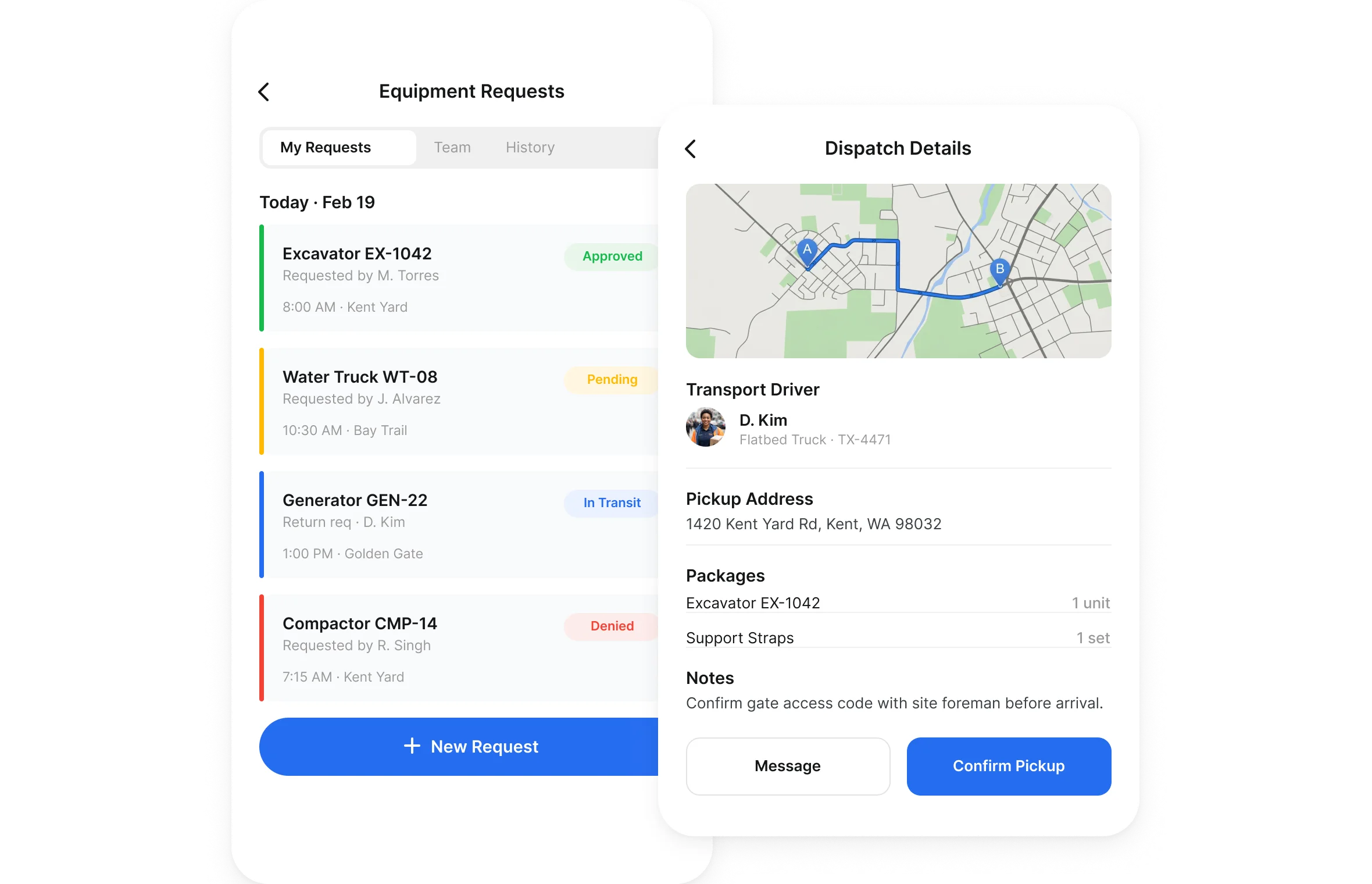 Clue mobile equipment requests list with approval status and dispatch details including pickup address