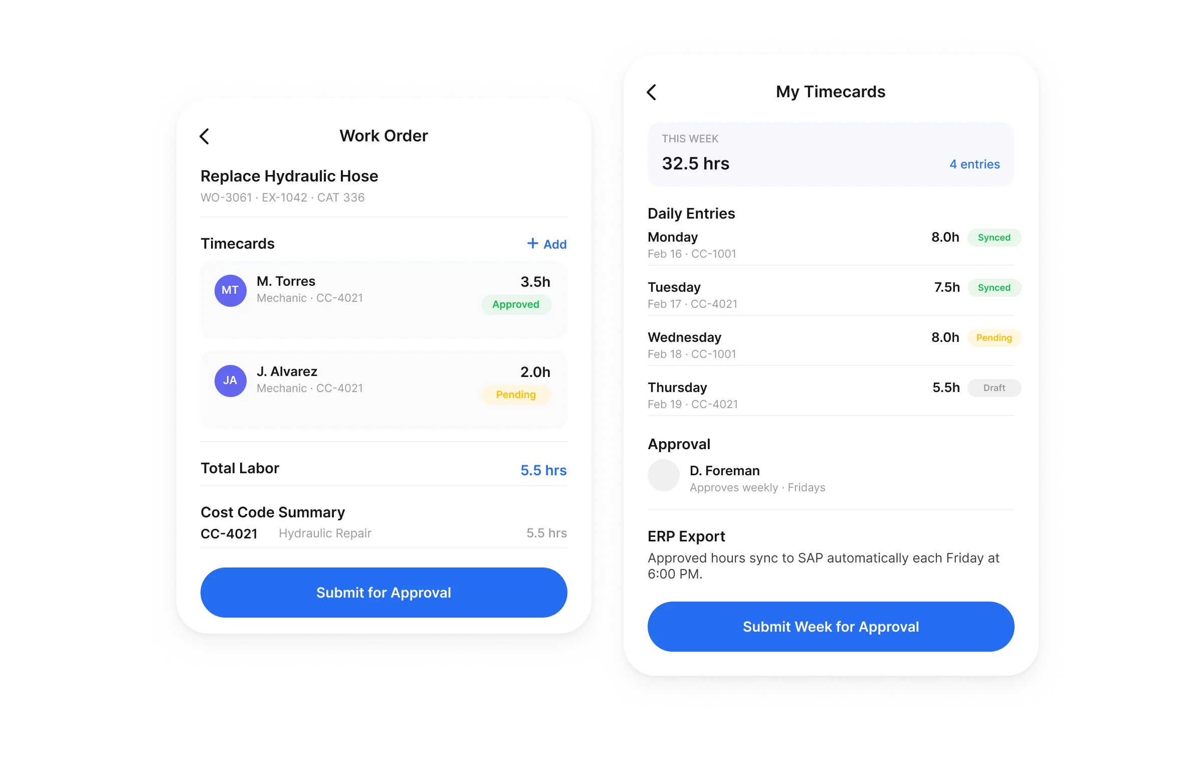 Clue mobile timecards with work order labor by cost code and a weekly crew timecard ready for approval