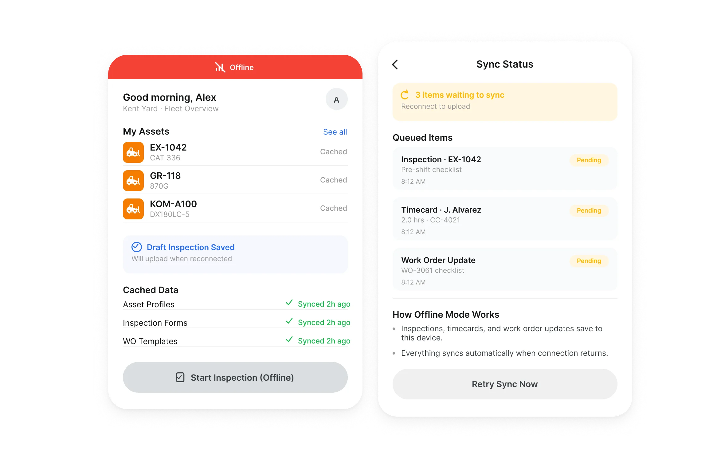 Clue mobile app offline with a saved inspection draft and queued items waiting to sync