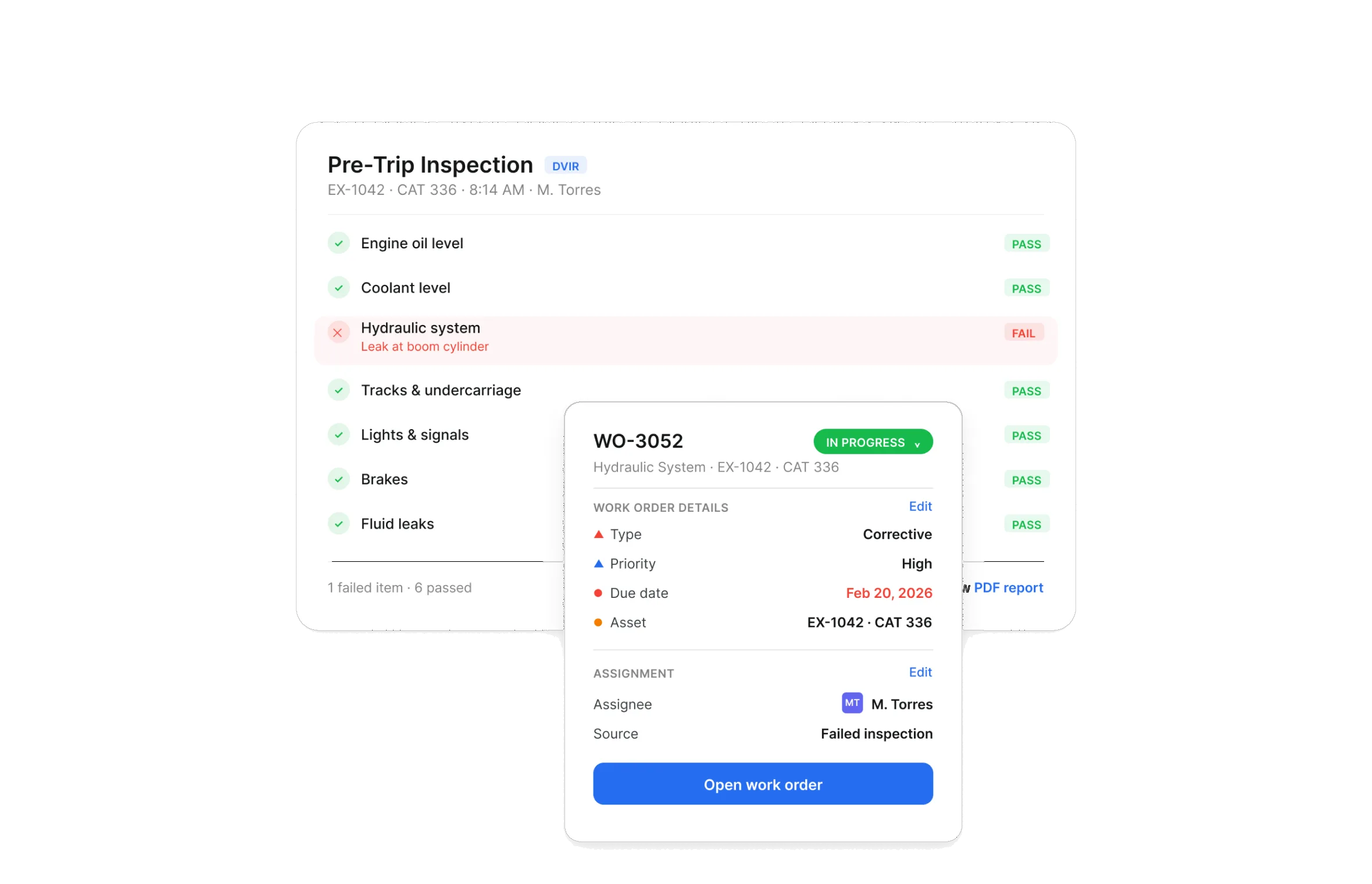 Construction equipment inspection software showing a pre-trip DVIR checklist and the work order it created
