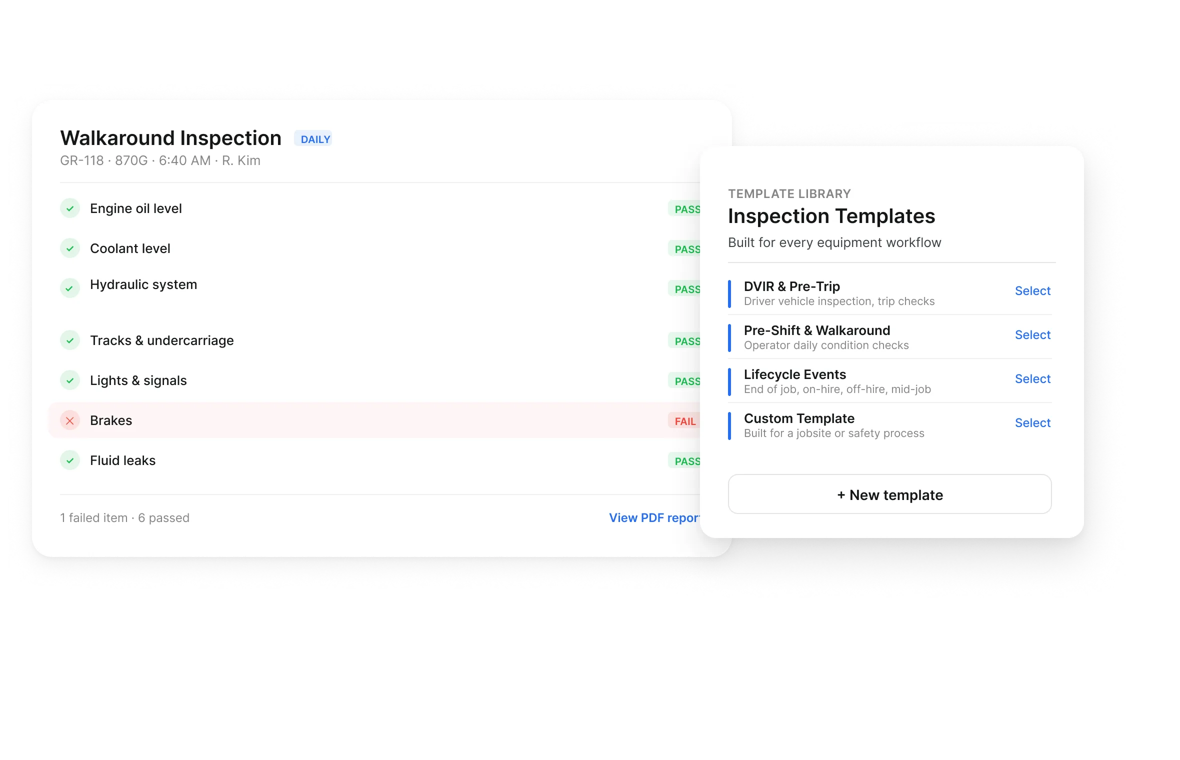 Digital inspection templates for DVIR, pre-shift, walkaround and lifecycle equipment checks