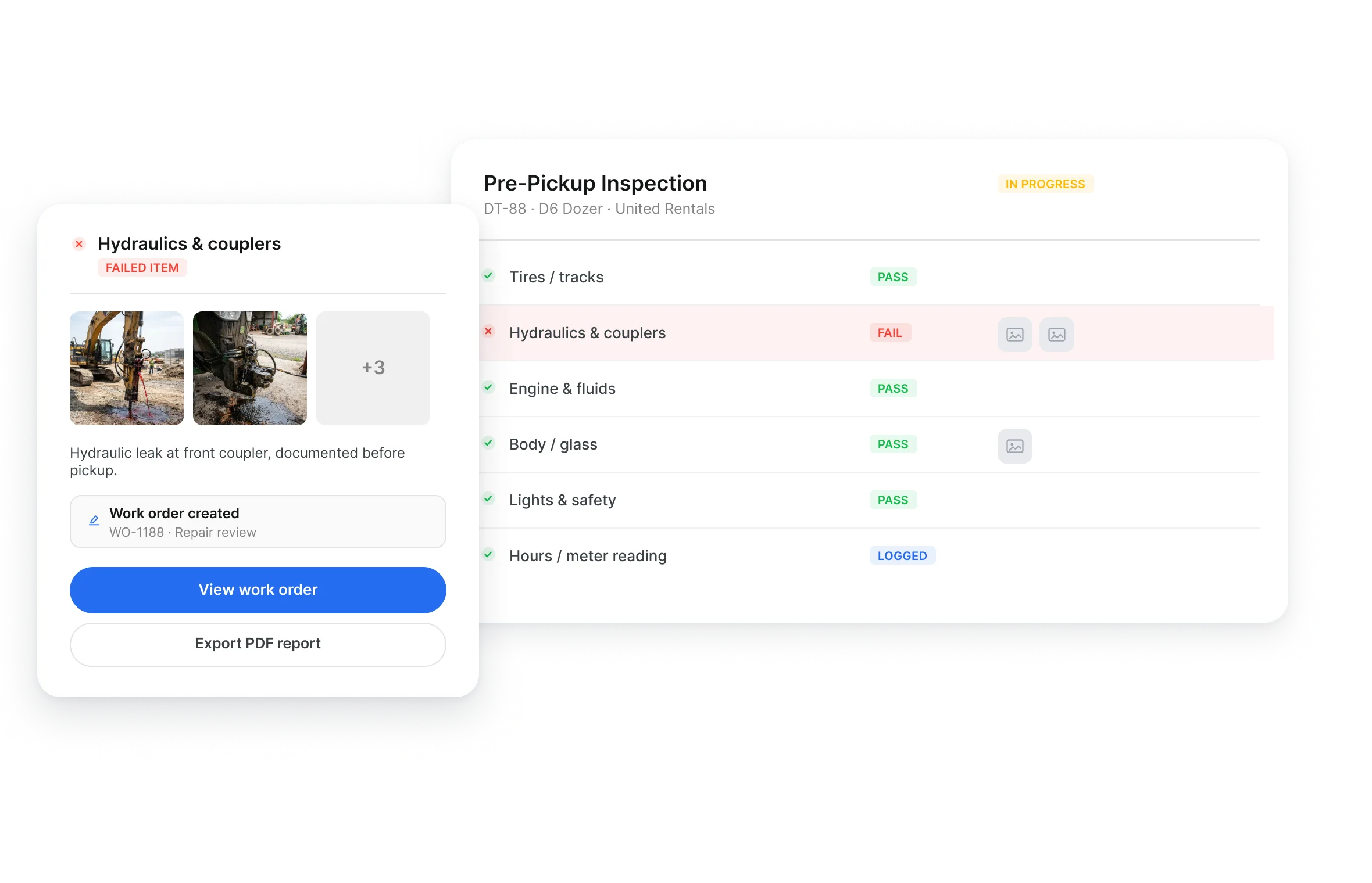 Pre-pickup inspection app recording equipment condition before a rental dozer leaves the yard