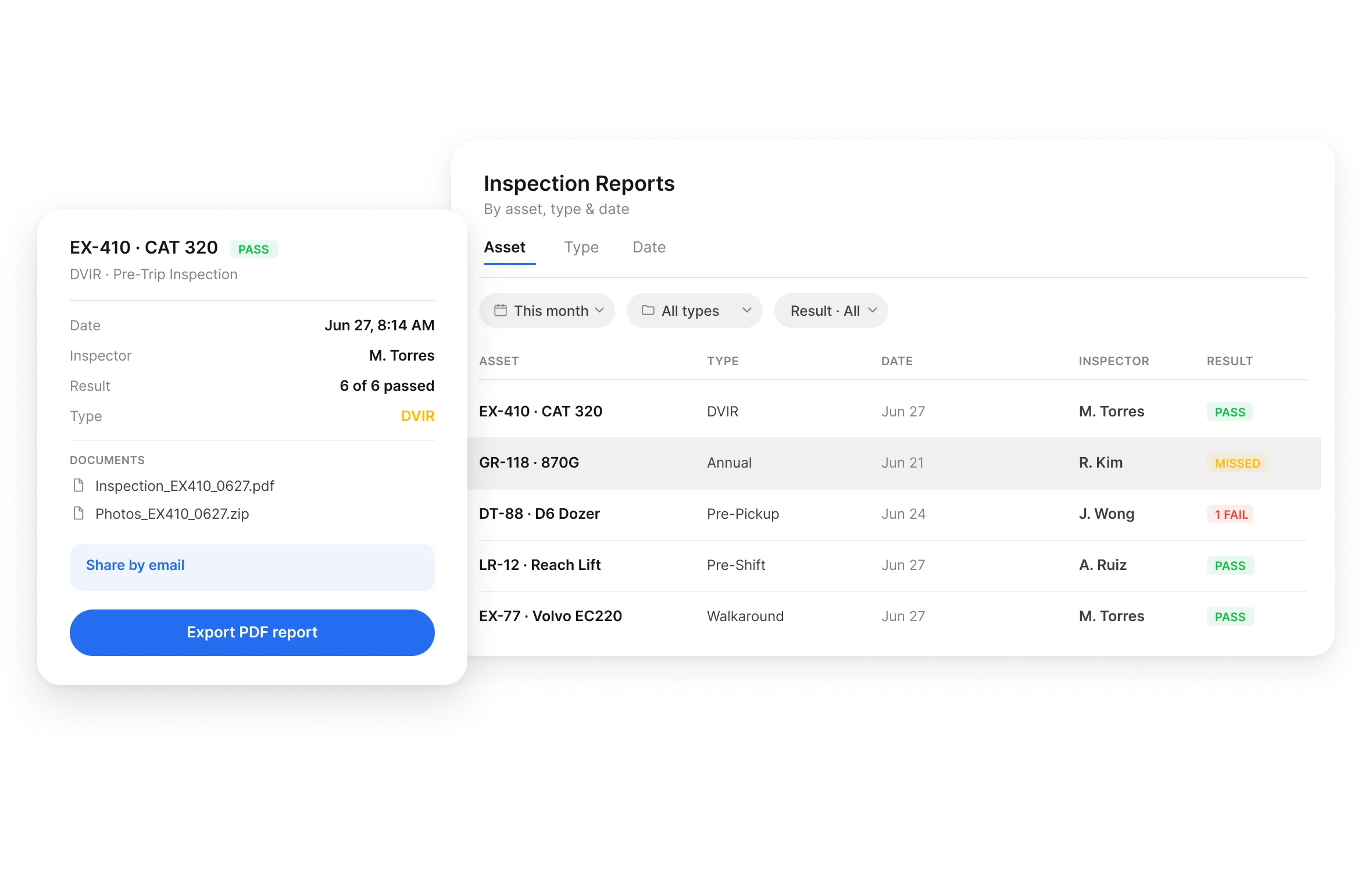 Equipment inspection report exported as a PDF for audit and compliance review