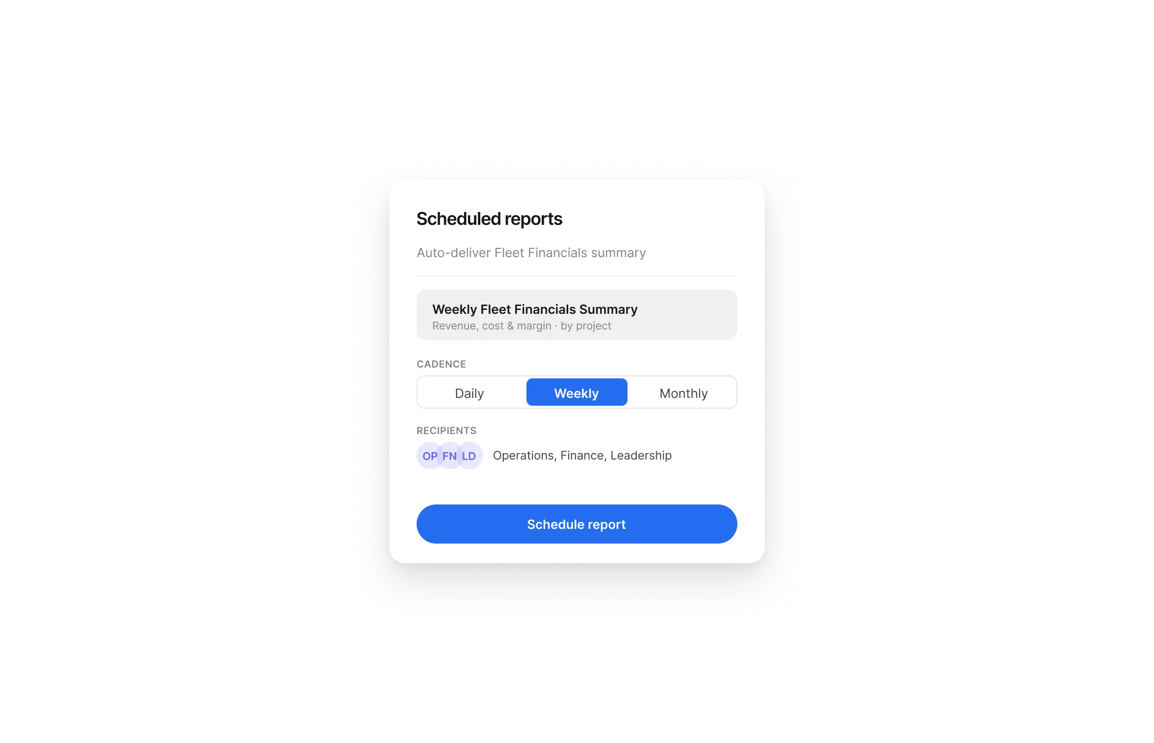 Scheduled utilization reports by asset, project, and fleet in Clue
